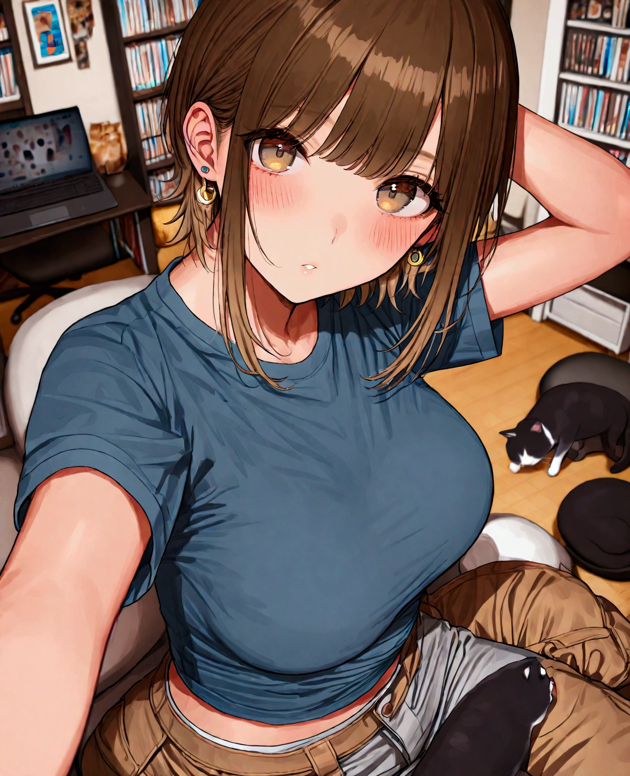 best quality, masterpiece, aosiai123, 1girl, looking at viewer, large breasts, blush, brown hair, blue shirt, brown pants, indoors, earrings, short sleeves, cat, sidelocks, sitting, jewelry, parted lips, midriff peek, computer, brown eyes, laptop, short hair, arm up, swivel chair, selfie, blurry background, t-shirt, bookshelf, grey pants