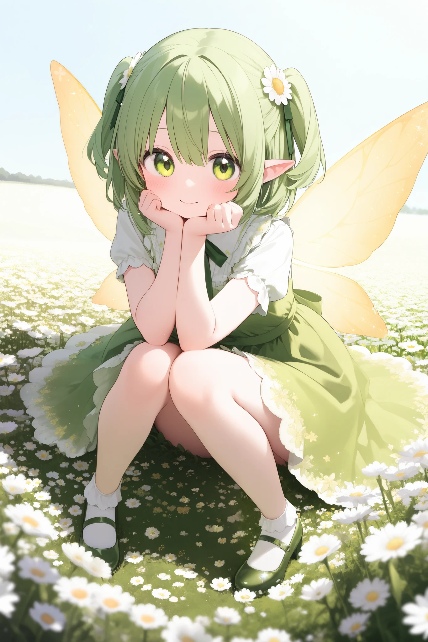 Girl with fairy wings 。Wear a green dress with ruffles、Sitting in a flower field。 smiles,  Glitter Effects,  ,  put both hands forward