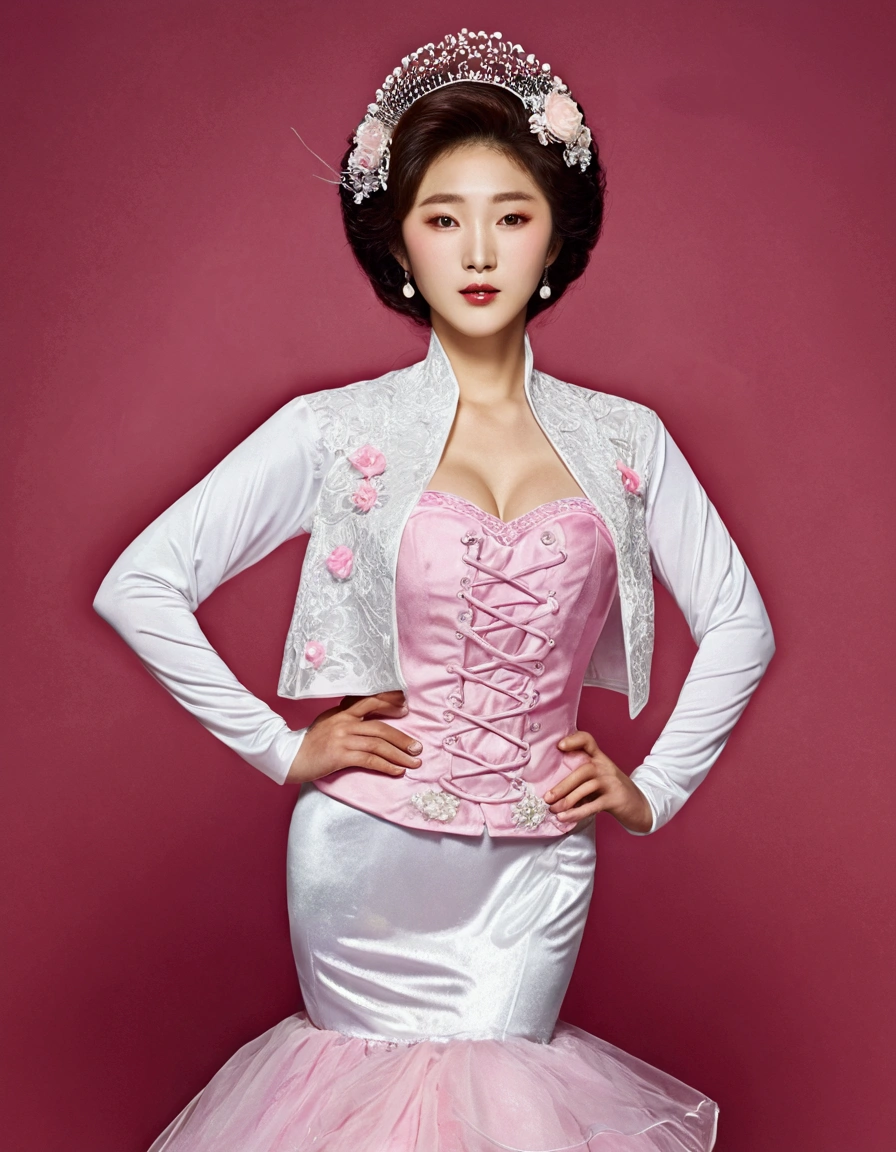 A Korean man had surgery to change his body from male to female, his body is completely female, he has big breasts like a woman, but his face is not changed and still looks like a man, His hair is still manly and short, This Korean man is wearing a mother's fancy dress costume, Mother of the Bride Dress Outfit, long sleeve bolero and dress set, bolero and dress coordination, vintage dress set, white and pink, mermaid skirt