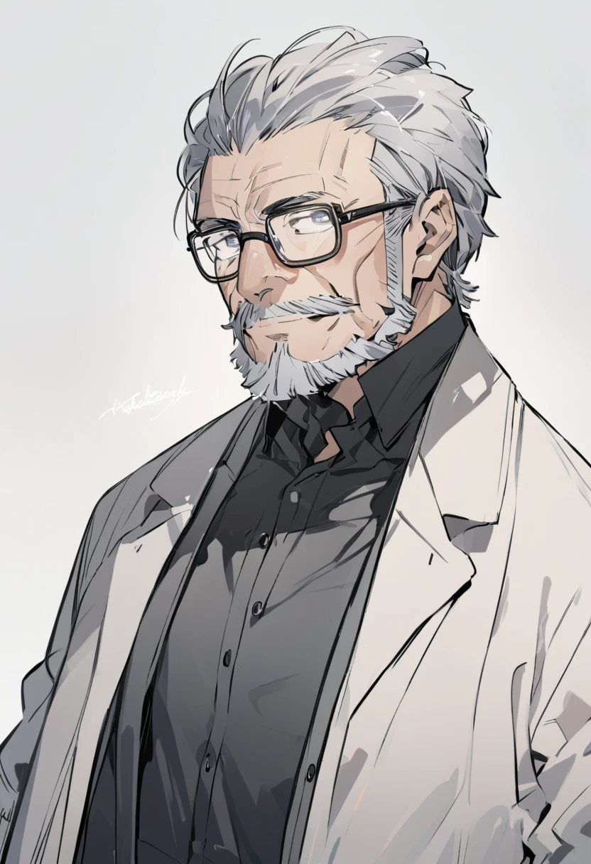 gray hair and glasses and button-up coat, lab coat, male focus, one boy, solo, facial hair, glasses, old, white background, old man, shirt, black shirt, simple background, cartoon style,