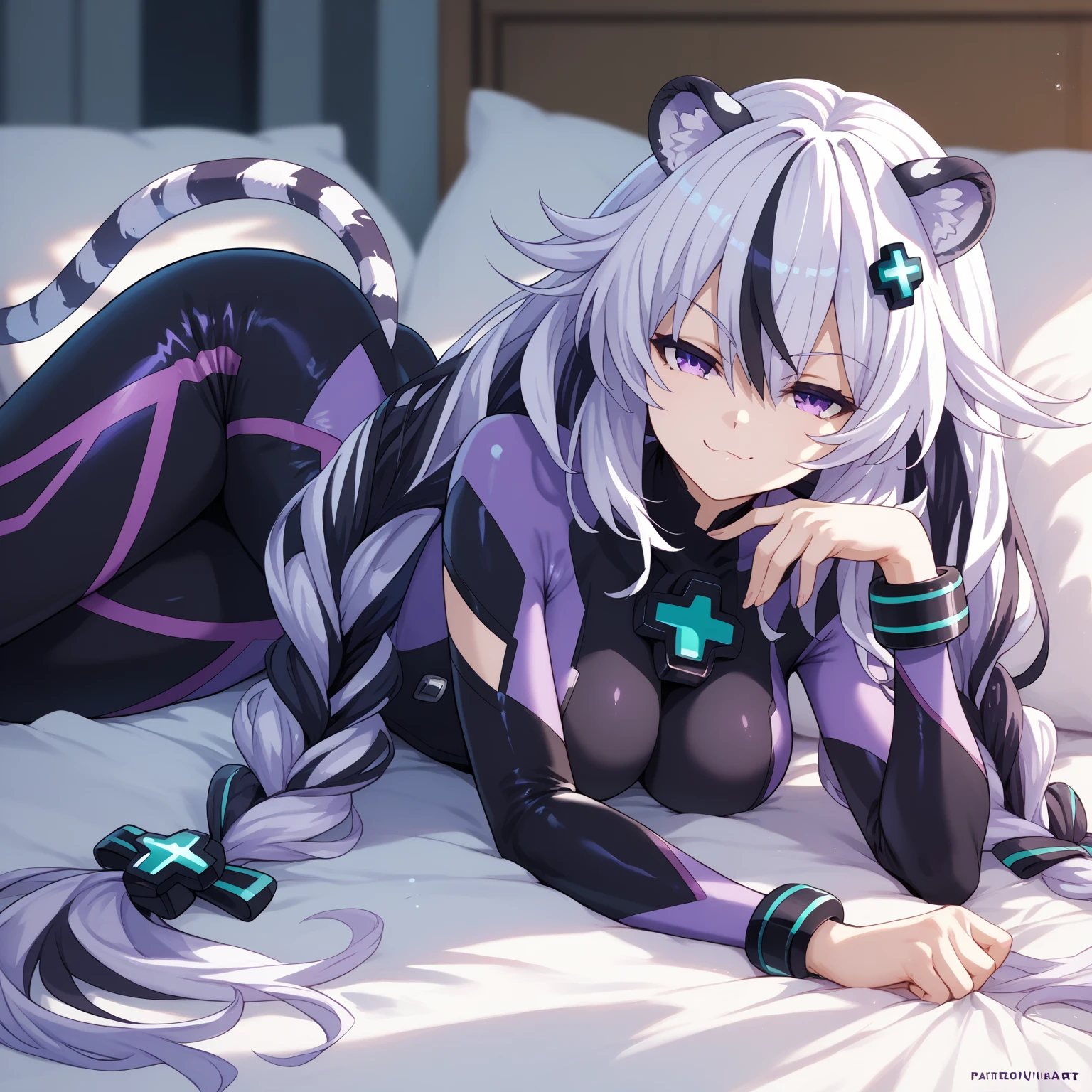 ((masterpiece)), Hyperdimension Neptunia art style, 1girl, solo, long hair, white hair, black hair, multicolored hair, white tiger ears, white tiger tail, purple eyes, half-lidded eyes, purple bodysuit, black bodysuit, multicolored bodysuit, bracelet, smug smirk, low twin braids, dark purple bun hairpins, front view, villain girl, lying on bed, lazy, sexy pose.