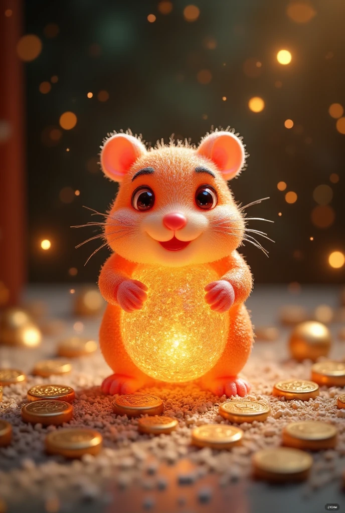 ((Best Quality)), ((Masterpiece)), A cute cartoon hamster stands in a treasure trove of gold and silver, looking at the viewer with his eyes, surrounded by gold coins, treasures, wealth, (Chinese Ink Style: 1.1), (Dynamic Composition: 1.2), (Unrestrained Spirit: 0.9)