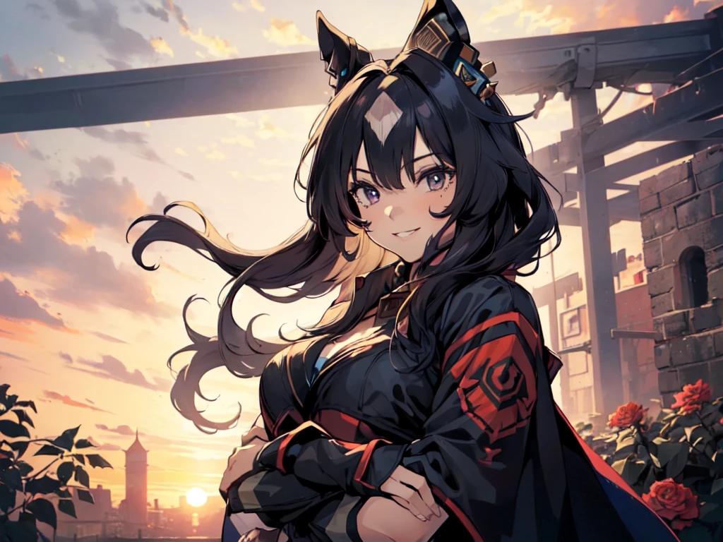 (Solo:2), (1 female:2), (Short fingers, short arms, short legs), (Horse ears), (Fully nude), (Emphasis on breasts), (Arms crossed), (Smiling, looking at camera), (Castle), (Red flower garden), (Sunset), (Focus on breasts), (Carefully drawn, amazing artwork, best quality, high resolution, 8k, detailed, delicate),