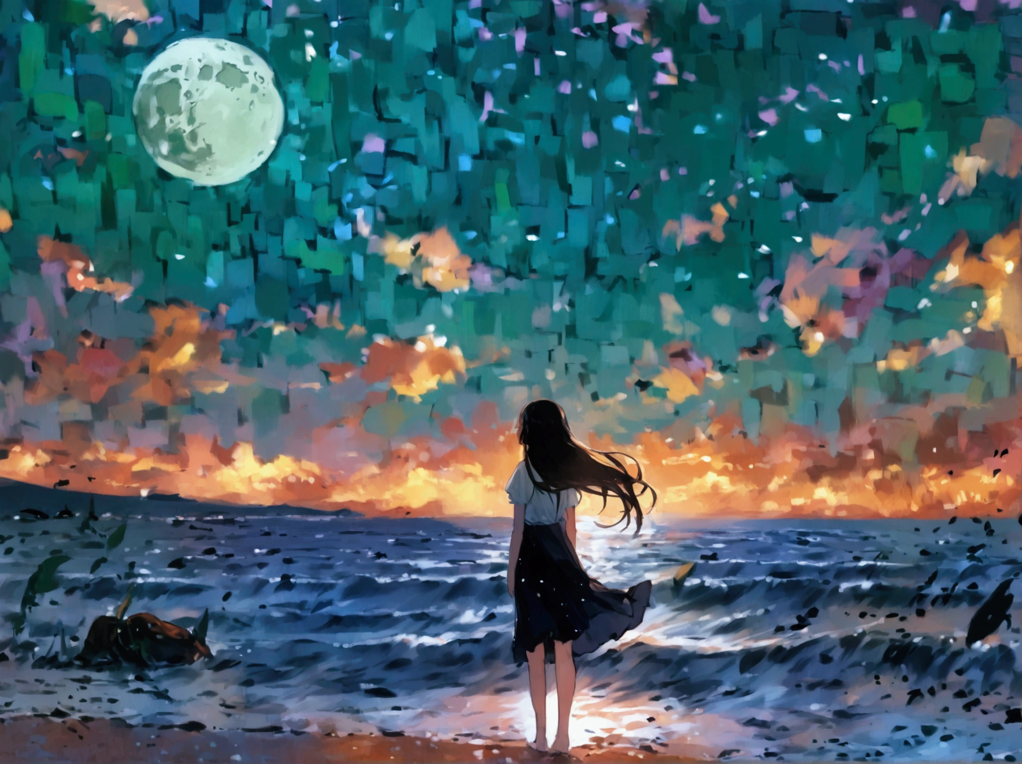 Amid the gentle sound of the waves, a young girl stands alone at the seaside at night. At , her long black hair sways in the wind, and her light dress flutters with the breeze from the waves. The sky is filled with countless stars, and a large moon quietly illuminates the sea. The surface of the water glows with a silvery light, and the stillness of the night envelops everything. It feels as though it could be a scene from a work by Makoto Shinkai.

The girl's gaze is fixed on the distant horizon. After the sun has set, the twilight sky merges deep blues and oranges, creating a dreamlike blend of colors. With each wave that comes and goes, a small splash reaches her feet, and she feels the coolness of the sand beneath her toes.

Her expression is somewhat melancholic, as if she is recalling something. It seems as though her presence blends seamlessly with the surrounding landscape, as if she has melted into the place itself.

Behind her, the faint light of a small lighthouse on the shore flickers, offering a sense of reassurance. Above, the stars twinkle one by one, as if watching over her.