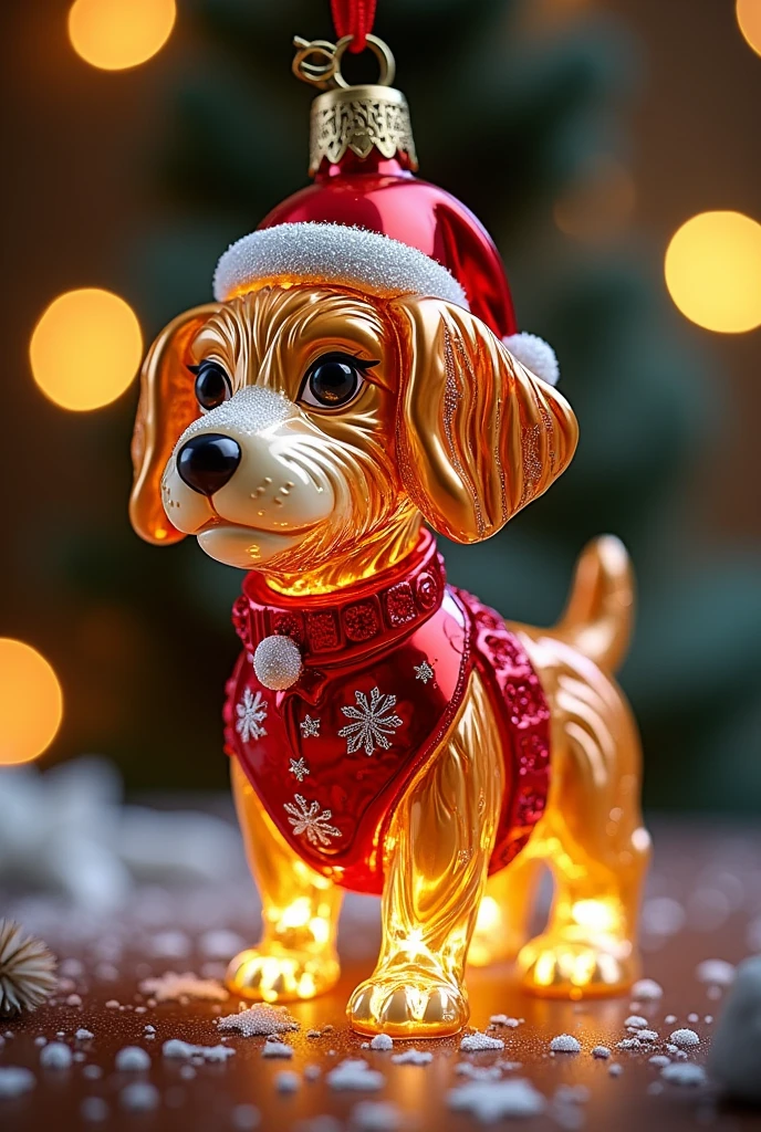  Christmas Tree decorations made of glass Beautifully shaped in the form of a dog with a red Christmas hat and a snowflake vest, Christmas tree decoration Very detailed ,  masterpiece fails,  complicated details, bright colors,  maximum quality , 8 k,  better quality , 