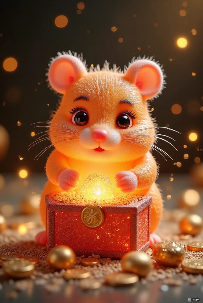 ((Best Quality)), ((Masterpiece)), A cute cartoon hamster stands in a treasure trove of gold and silver, looking at the viewer with his eyes, surrounded by gold coins, treasures, wealth, (Chinese Ink Style: 1.1), (Dynamic Composition: 1.2), (Unrestrained Spirit: 0.9)