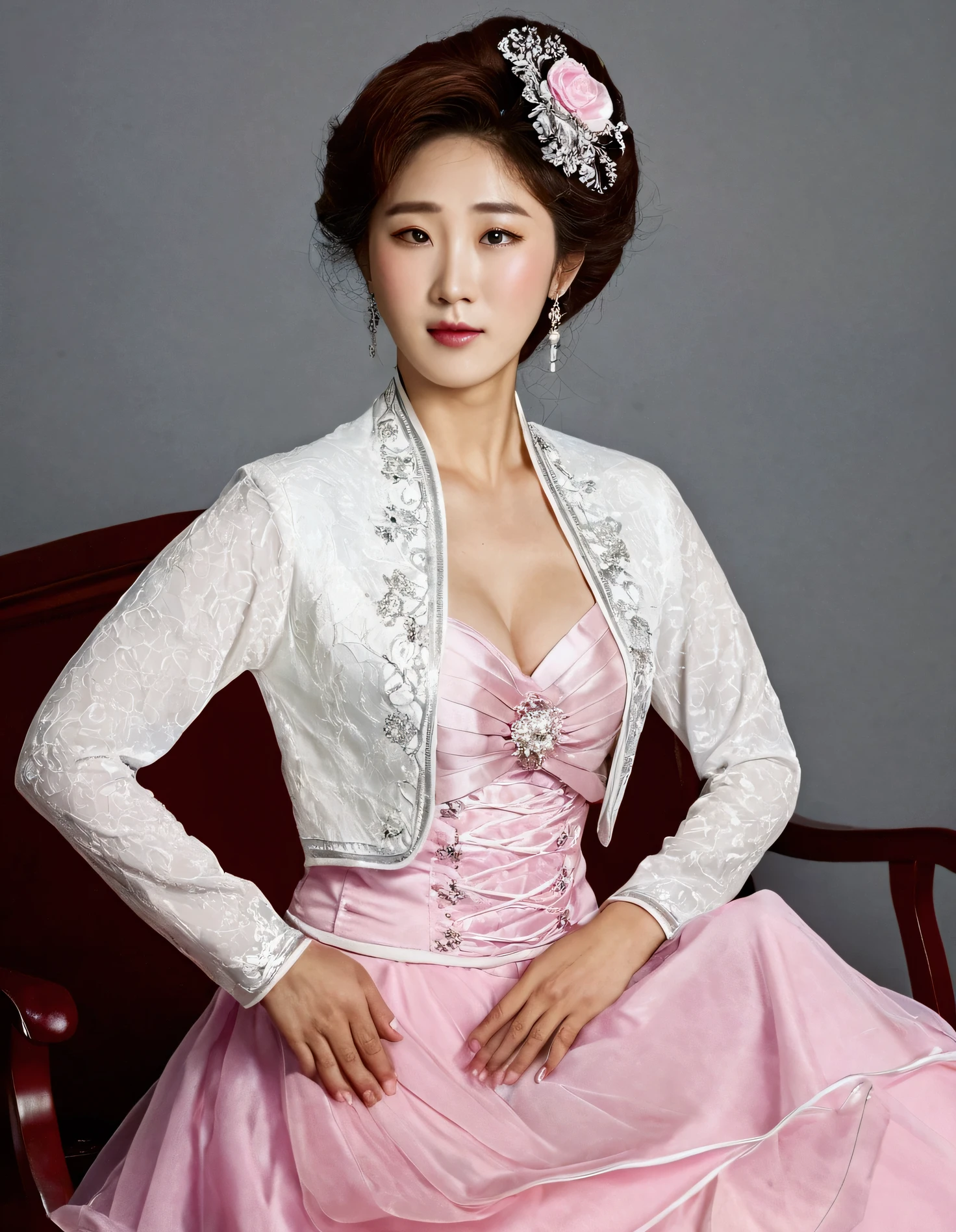 A Korean man had surgery to change his body from male to female, his body is completely female, he has big breasts like a woman, but his face is not changed and still looks like a man, His hair is still manly and short, This Korean man is wearing a mother's fancy dress costume, Mother of the Bride Dress Outfit, long sleeve bolero and dress set, bolero and dress coordination, vintage dress set, white and pink, mermaid skirt, sit quietly