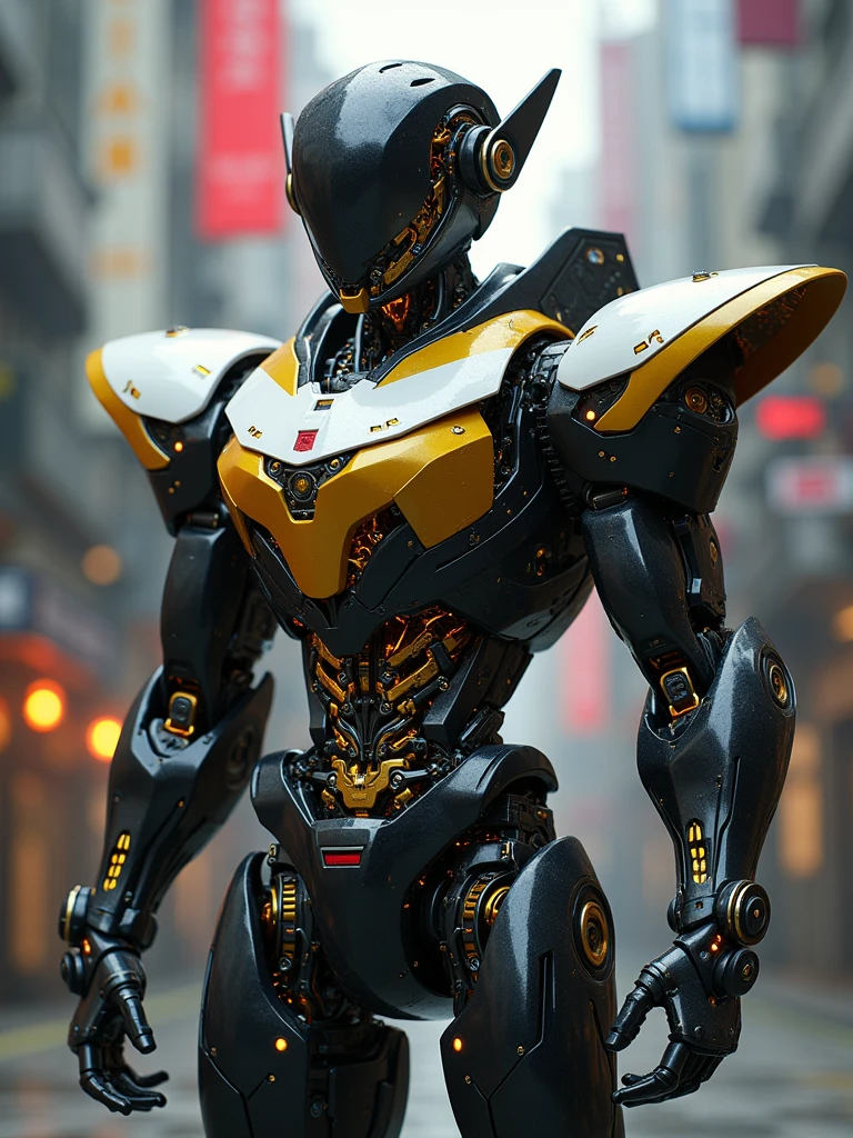 C4D Modeling,UE5 Rendering,Mecha style,A leading mecha, fine internal parts, anthropomorphic structure ,Clear case ,Mechanization,black,gold,White,Colorblock coating ,Full of details, realistic lighting ,Ray tracing effect, cyberpunk,Wide-angle lens,Full body portrait:1.2,