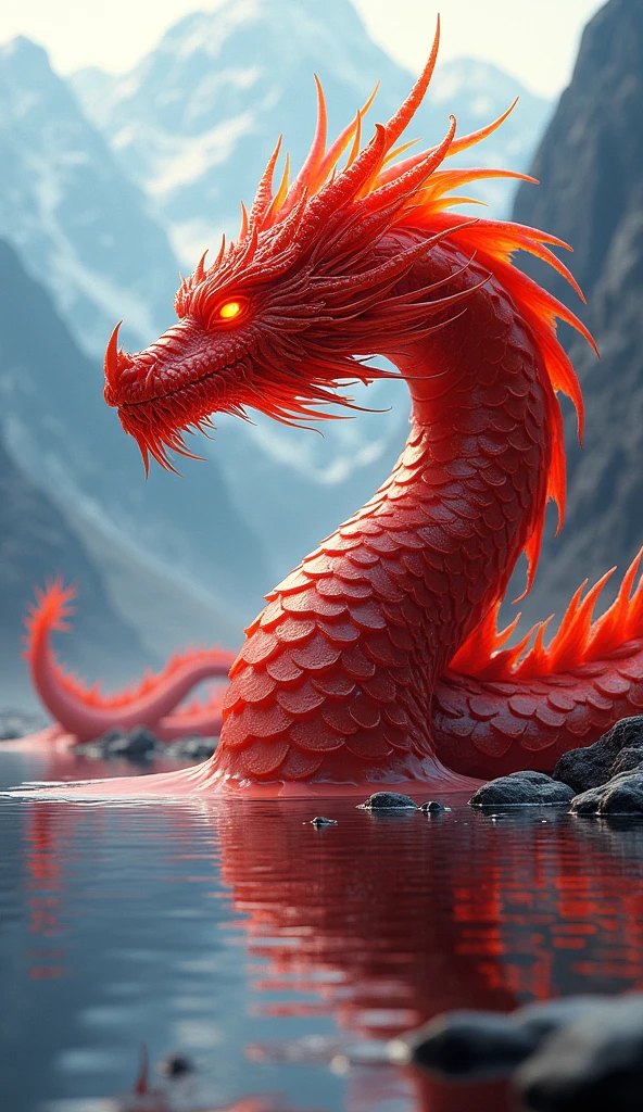 photo 
a vibrant and fiery dragon-like creature, exhibiting an intense red color that seems to radiate with a warm glow. This creature is not merely standing in the water; it appears to be emerging from it, as if it has just risen from its watery abode. The dragon's body is adorned with long spikes, which add a sense of majesty and power to its appearance.

The background of the image reveals a serene natural setting. Tall grasses sway gently in the breeze, while rocks are scattered throughout the scene, adding depth and texture to the landscape. Despite the creature's fiery presence, the environment exudes a sense of tranquility, creating a striking contrast between the calm surroundings and the dragon's fiery demeanor.