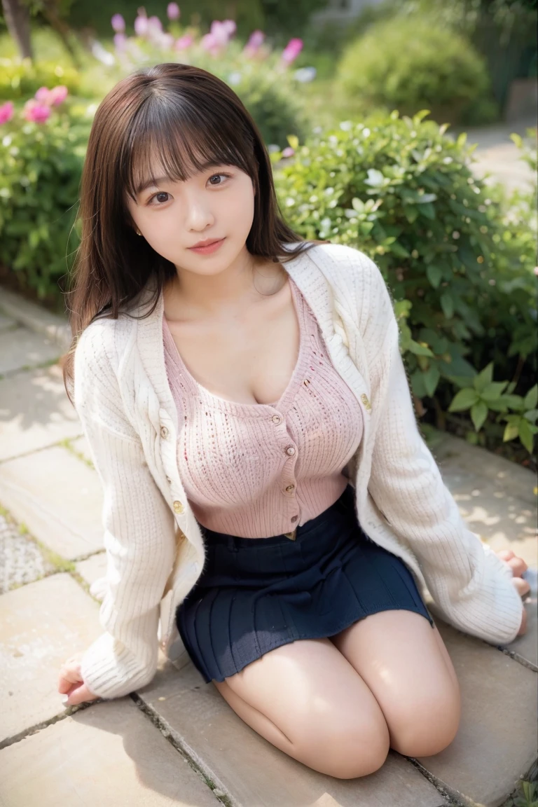 (( knitted cardigan , Beautiful cashmere 、 top quality 、masterpiece、 high res))、((( ZOOM PHOTO FROM ABOVE )))、20-year-old woman、 Beautiful skin、 beautiful eyes、 clevis on a stone, ((  full body photo )),  beautiful thighs,, Big TitsBig Breasts, ( Big Rich Breasts ),  ruffle mini skirt,  beautiful thighsを見せている
,  beautiful legs, garden， gentle expression 
，Kind Face
