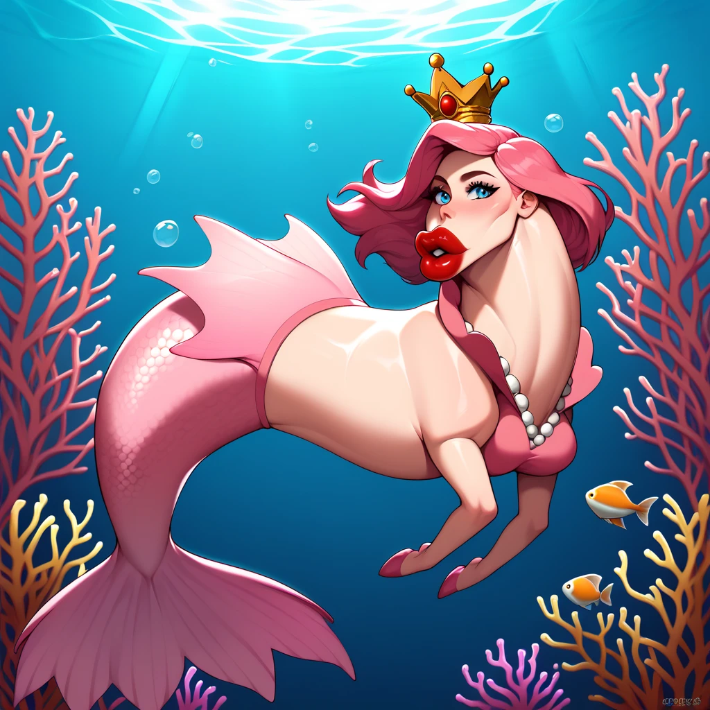 score_9_up, score_8, score_7, best quality, masterpiece, uncensored, big lips, /stalliona, twin dorse, futanari, facing viewer, blue eyes, red lips, solo, wear pink mermaid dress, pearl crown, from side, full body, looking at viewer, underwater, fish, bubble airs, coral, 