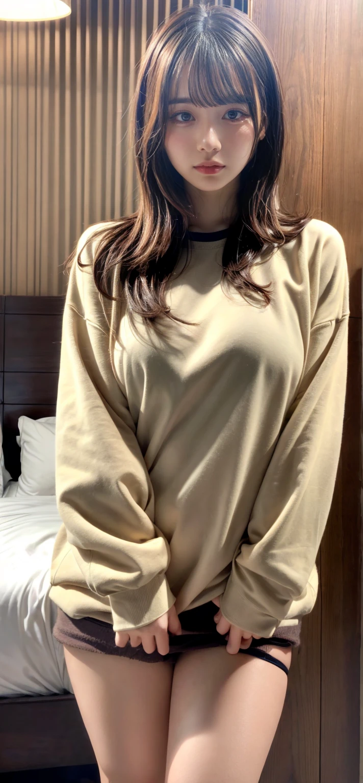 muste piece, best quality, illustration, Super detailed, fine details, High resolution, 8K,wall paper, perfect dynamic composition,(Details High quality, realistic depiction of eyes:1.3), (Fashionable、Beige oversized sweatshirt、long-sleeve), large breasts,short bob hair, black hair color, Big Natural Color Lip, bold sexy pose, crying a little、cold gaze, Harajuku style、20 year old girl、cute type、ta、beautiful legs, hotel room, hposing Gravure Idol, (woman on top, straddling, sitting)