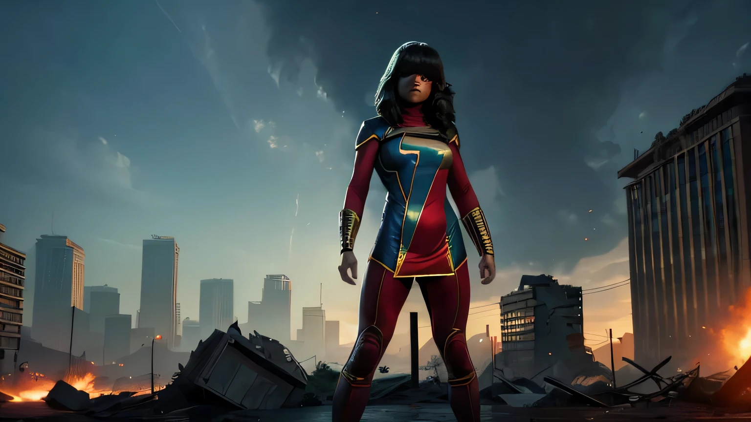 A heroic pose of Kamala Khan, cityscape in ruins, (best quality,8k,highres,masterpiece:1.2),ultra-detailed,(realistic,photorealistic,photo-realistic:1.37),superheroine,female superhero,powerful stance,dramatic lighting,rubble,destroyed buildings,sci-fi cityscape,dystopian environment,debris,smoke,cinematic composition,muted color palette,dramatic shadows,glowing energy aura,muscular physique,determined expression,flowing hair