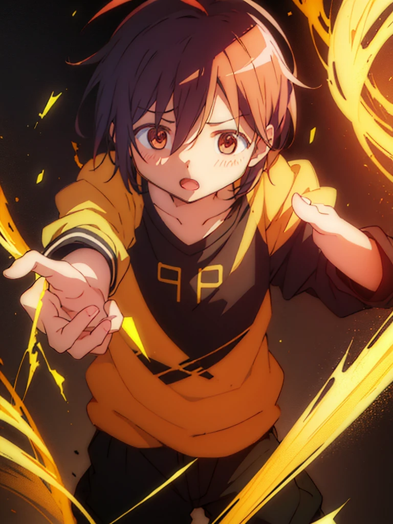 A boy with cute ahoge and dark yellow cute messy hair and have a dark orange eyes, 4k