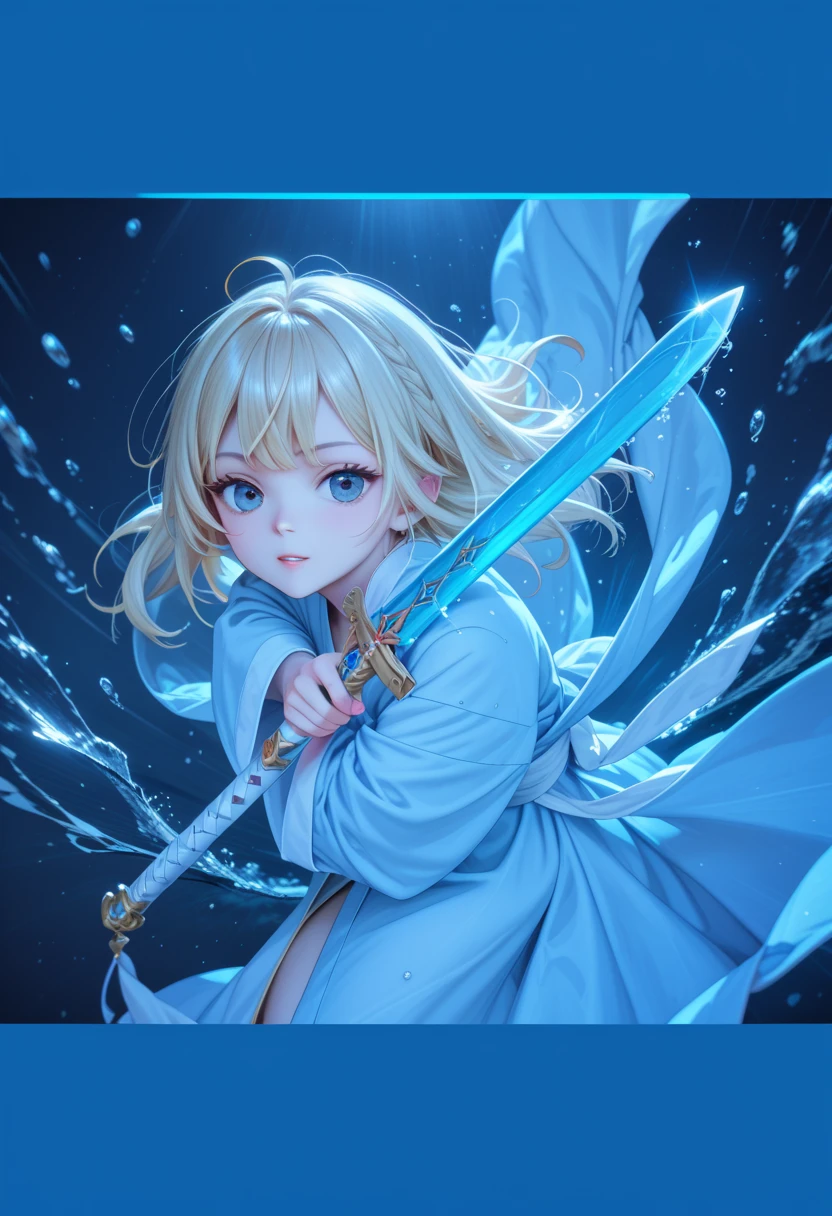  Masterpiece,  high image quality, ((Shining blonde)), ((Light blue robe)), Water sword, (Mysterious)