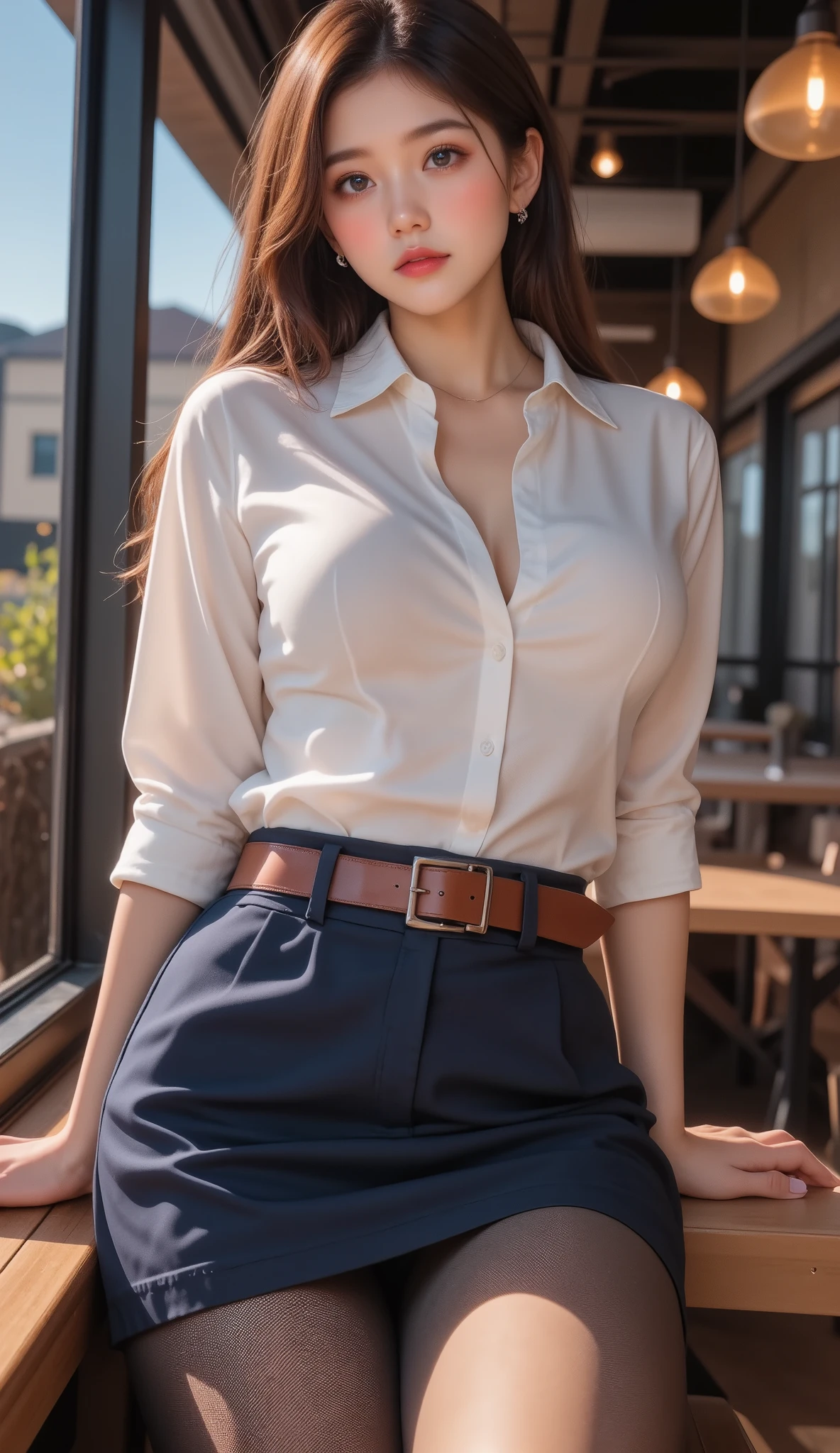 RAW photo, (Random shot, in frame, Side focus, Dutch Angle), ((Asian adult female, one-person,) (white blouse, navy blue short skirt, Black sheer stockings, dark purple shiny enamel high heels, equipped with a dark brown leather belt around the waist) stylish, cool, cute, sexy),