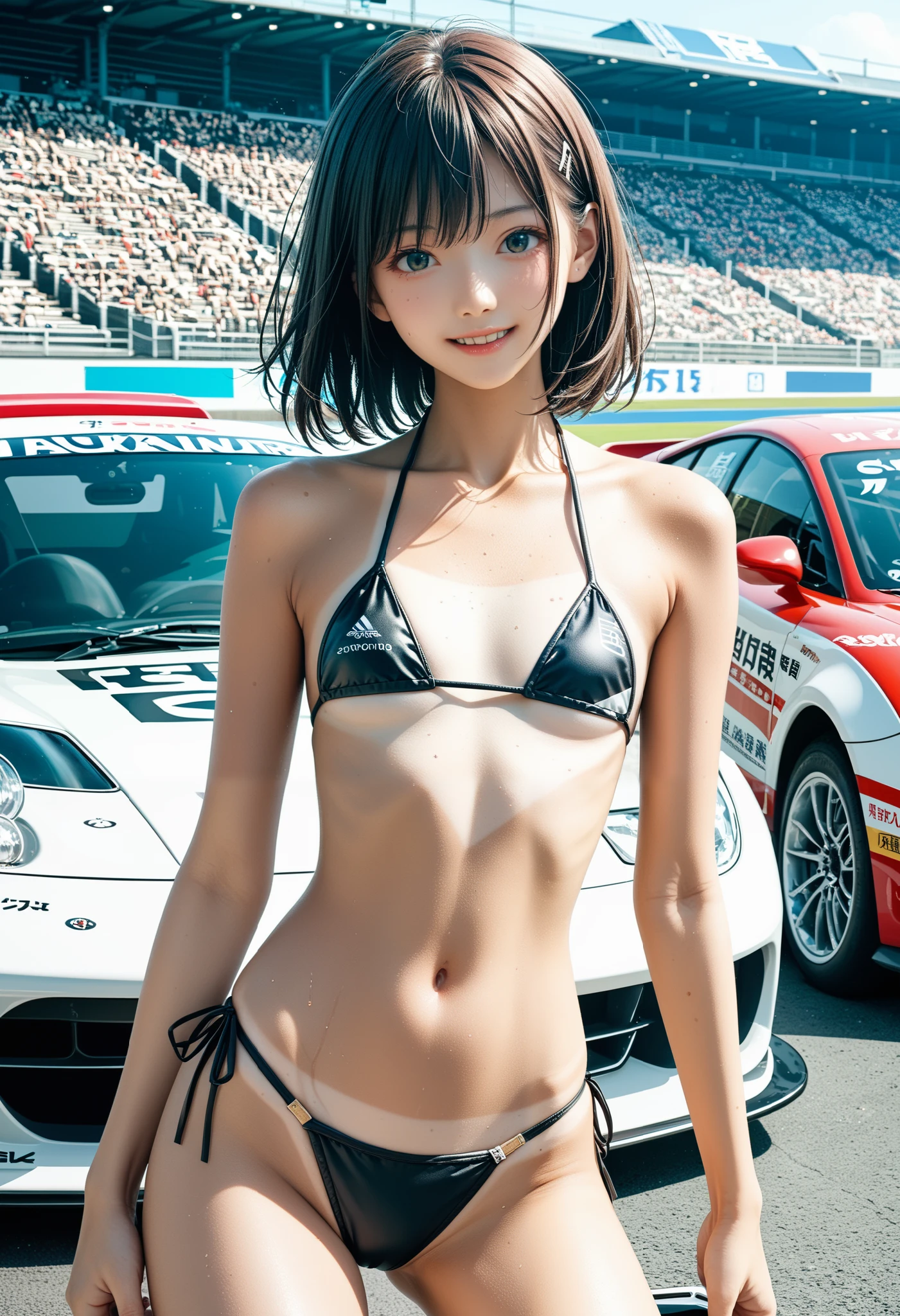 （very detailed：1.5）， （8K）， Sci-fi futuristic mechanical girl with flashing neon lights.， style （Cyberpunk Personality：1.3）， Wear an elegant combat uniform，vivid details， sexy pose， （Bold typography：1.2）， dynamic composition， bright colors， （アキラstyle：1.1）， （Inspired by Hajime Sorayama：1.2）， Full body Esbian， red、yellow、green、white details， fight position， detailed bikini， Futuristic and detailed BMW bikes，13 years old, Girl born in junior high school, (((huge breasts:1.2)))、short hair