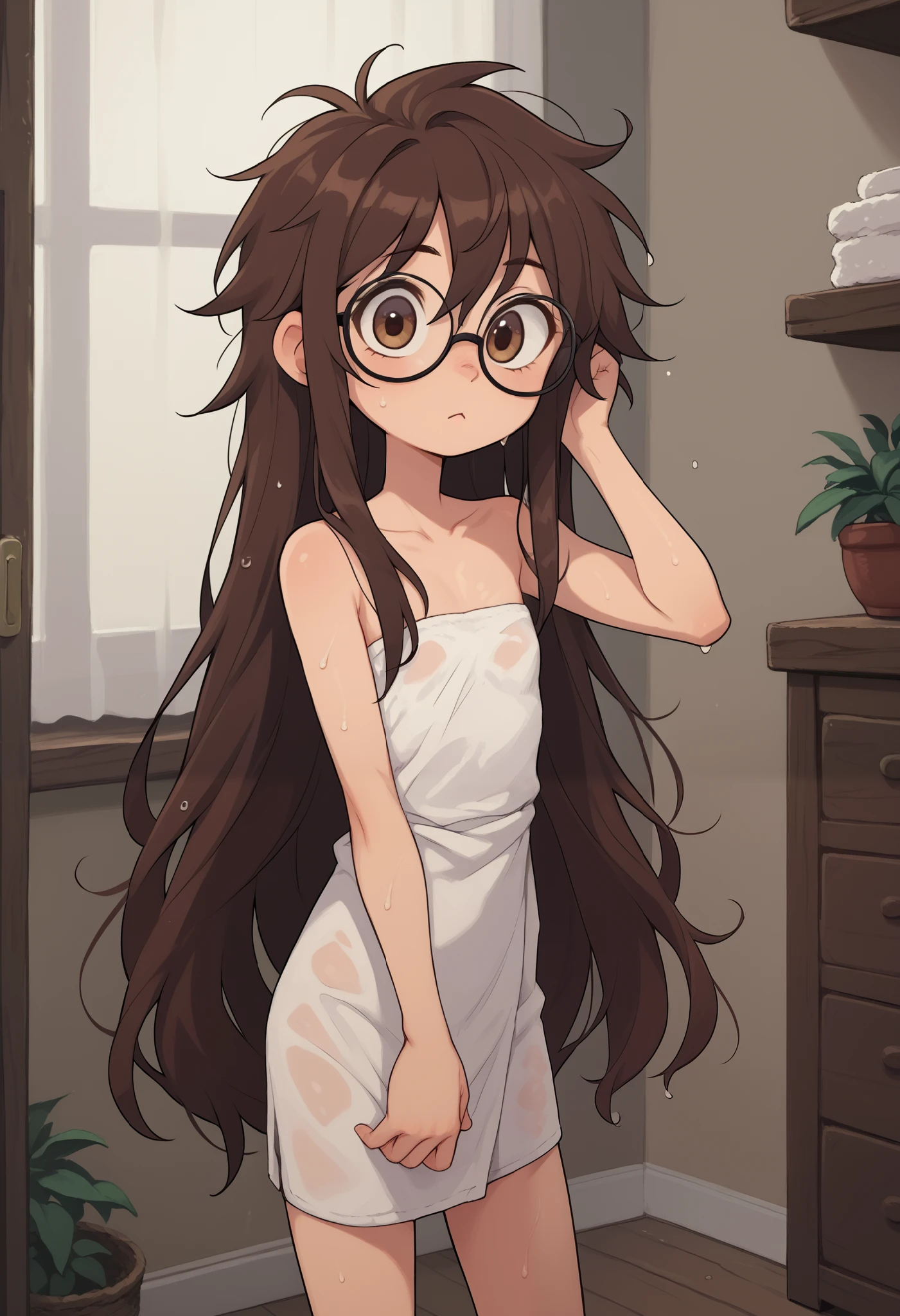 girl, young, (solo 0.6), dark brown hair, brown hair, messy hair, very long hair, brown eyes, skinny body, slender body, thin waist, flat chest, indoors, wrapped in a towel, covered by towel, white towel, round glasses, big eyes , cute, indoors, wet hair, looking at you