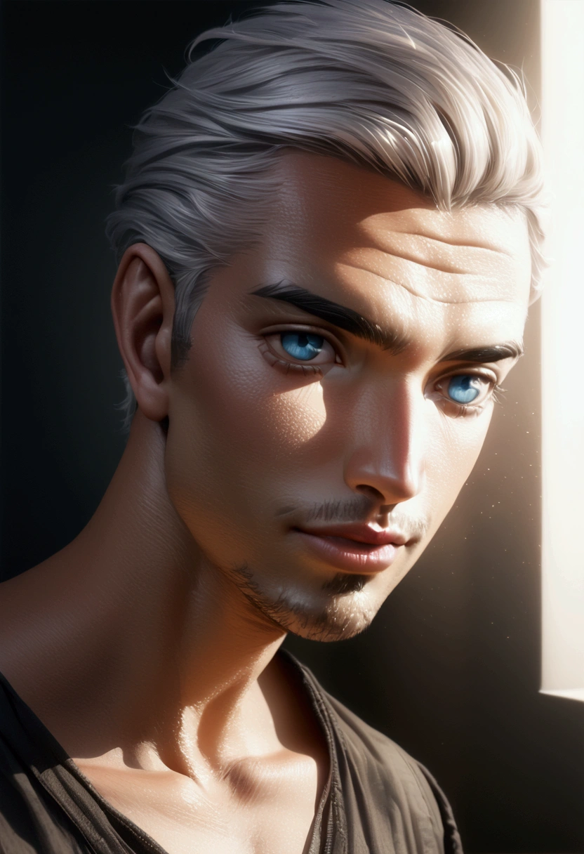 a man portrayed to the waist, on a simple white background, white hair, blue eyes, casual clothing, young man, (best quality, 4k, 8k, highres, masterpiece:1.2), ultra-detailed, (realistic, photorealistic, photo-realistic:1.37), chiaroscuro lighting, dramatic lighting, high contrast, cinematic composition, elegant pose, thoughtful expression, intricate details, flawless skin, piercing gaze, natural lighting, warm color tones