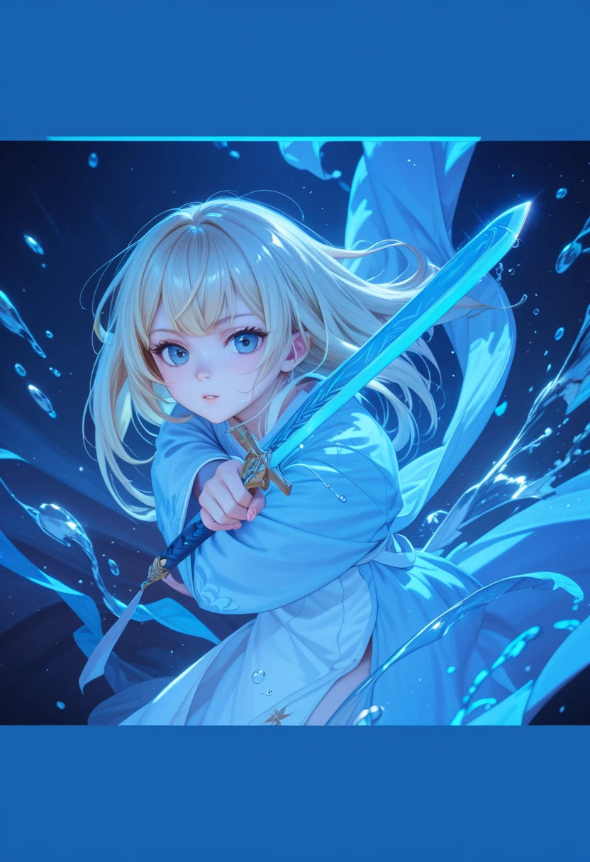  Masterpiece,  high image quality, ((Shining blonde)), ((Light blue robe)), Water sword, (Mysterious)