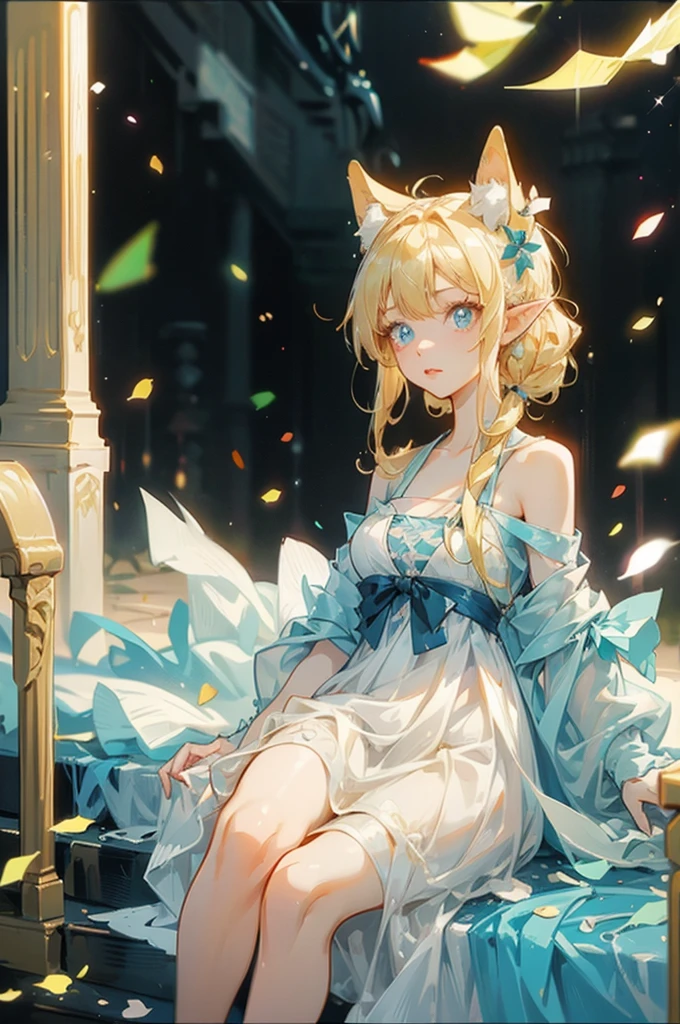 a picture of a young woman in a dress with a giant head, 1girl, solo, blonde hair, pointy ears, long hair, animal ears, looking at viewer, blue eyes, dress, bandages, bare shoulders, lips