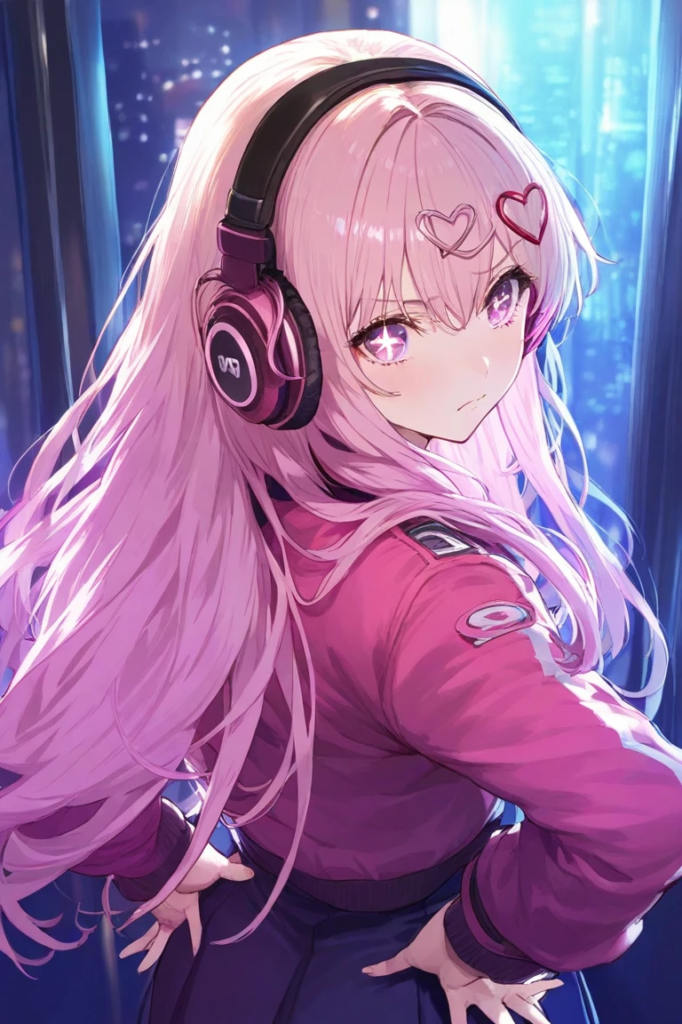 masterpiece,  top quality , Great quality,  very sophisticated ,  absurd, One girl , Alone, neon,  long hair, chest,  Looking Back,  viewers,  pink hair,  Long Sleeve ,  bomber jacket,  heart hair ornament ,   closed mouse, double knot hair , whole body, Outdoor,  window,  neck headphones , frown, pink knit ,  backlight,  putting hands on her hips , academic ability, + +,  symbol shaped pupil 