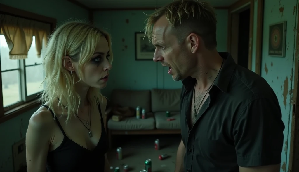 Portrait, realistic, photography of a frail, drug-addicted young blonde woman, resembling Emma Stone, with a large interpupillary distance. She has smokey eyes and wears gothic-style white trash clothing. She is inside a dimly lit, run-down white trash trailer with peeling wallpaper, a cracked window patched with duct tape, and a sagging couch with torn upholstery in the background. Empty beer cans, overflowing ashtrays, and fast food wrappers are scattered across the cluttered floor. She looks at her father, a rugged man in his 50s with unkempt hair, a weathered face, and a stained shirt, shouting at her with his hand raised aggressively as if to slap her. The oppressive atmosphere highlights the bleakness of her surroundings and the tension of the confrontation