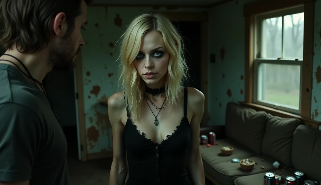 Portrait, realistic, photography of a frail, drug-addicted young blonde woman, resembling Emma Stone, with a large interpupillary distance. She has smokey eyes and wears gothic-style white trash clothing. She is inside a dimly lit, run-down white trash trailer with peeling wallpaper, a cracked window patched with duct tape, and a sagging couch with torn upholstery in the background. Empty beer cans, overflowing ashtrays, and fast food wrappers are scattered across the cluttered floor. She looks at her father, a rugged man in his 50s with unkempt hair, a weathered face, and a stained shirt, shouting at her with his hand raised aggressively as if to slap her. The oppressive atmosphere highlights the bleakness of her surroundings and the tension of the confrontation