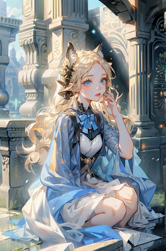 a picture of a young woman in a dress with a giant head, 1girl, solo, blonde hair, pointy ears, long hair, animal ears, looking at viewer, blue eyes, dress, bandages, bare shoulders, lips