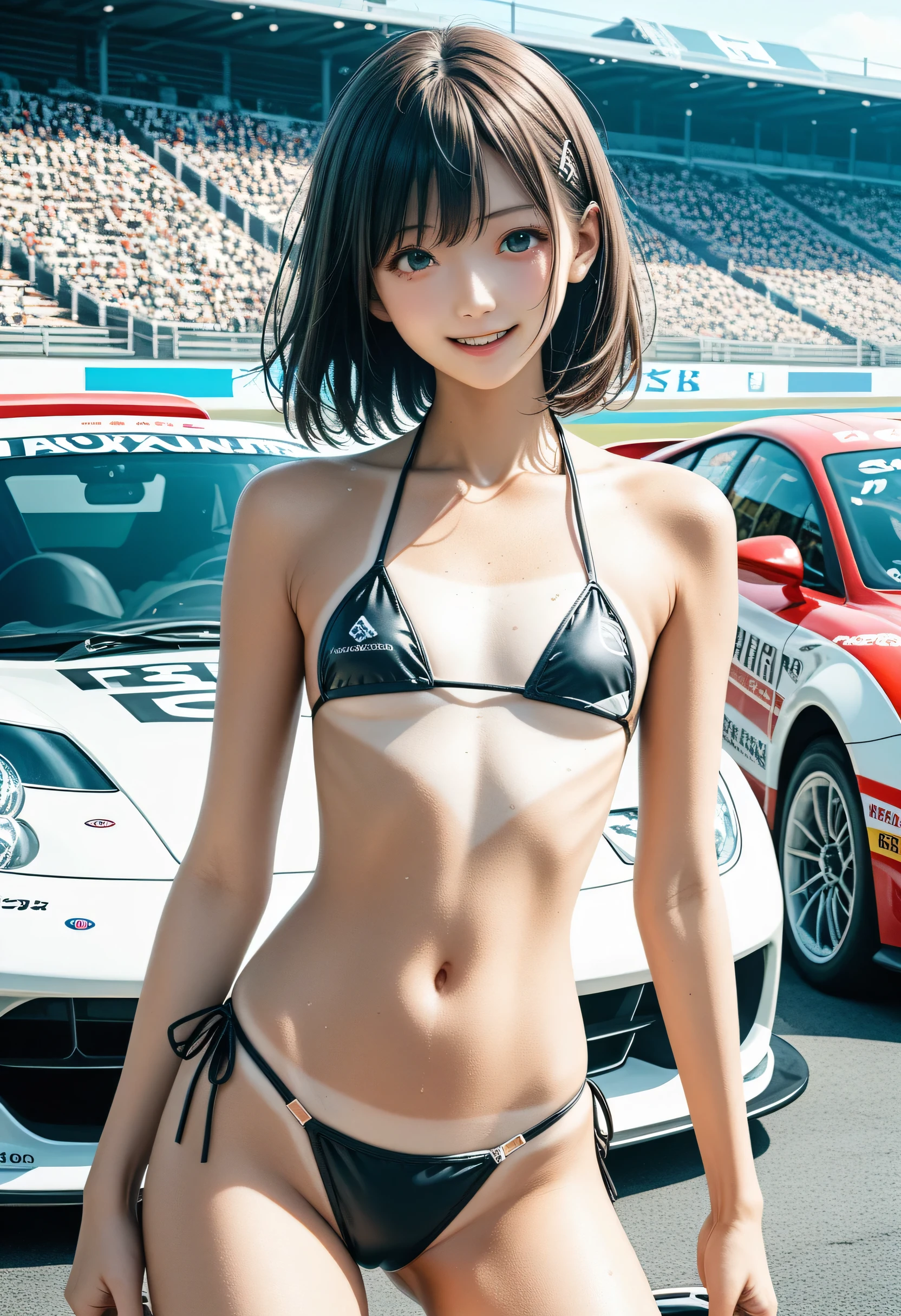 (masterpiece:1.2), (best quality:1.2), (very aesthetic:1.2), (absurdres:1.2), (detailed background),newest,ai-generated, (((solo))), Masterpiece,(share),Open your legs towards the viewer,One cute girl, Highest quality,High resolution,High resolution,Highly detailed CG,8K Unit Wallpaper,25 years old,Beautiful attention to detail,small Breasts,Bobcut,Biomechanical OPPAI,Grid girl posing on the circuit,No sleeve,,(Shiny body:1.3),Open your mouth, blush, Sweat,Embarrassed,sexy,(visible nipples:0.7),(camel toe:0.3),Dark Hair, competition swimsuit,,((sit)),
