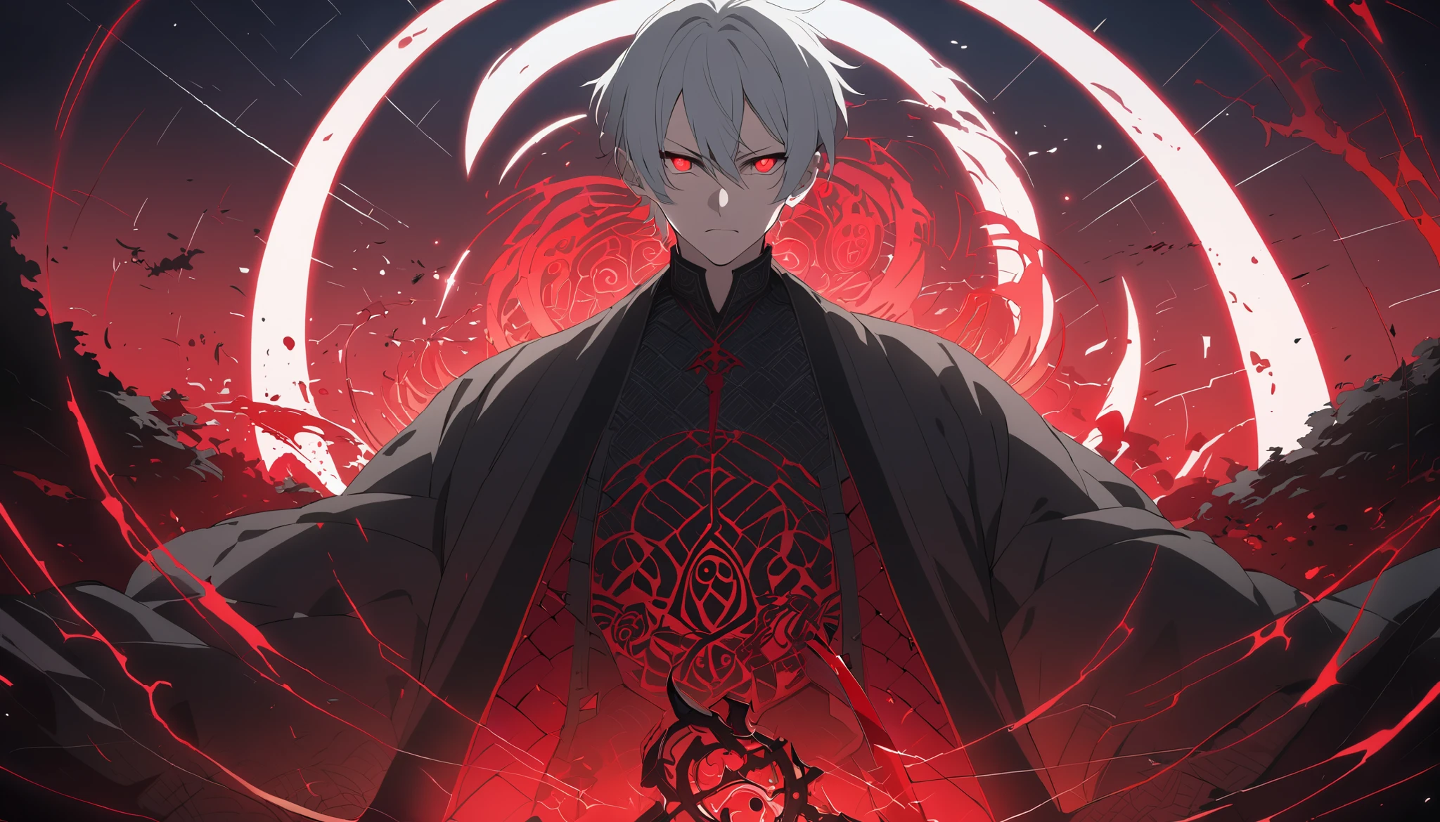 A massive Sharingan in the sky, replacing the blood-red circular moon, glowing with a blood-red aura, intricate black tomoe patterns and Mangekyou Sharingan design, highly detailed and sharp, illuminating the entire scene with mysterious red light. Japanese-style classical architecture glowing in red, a road leading to an iron throne at the end. A silver-haired handsome young man standing in the middle of the road, wearing black sunglasses resting on the bridge of his nose, revealing blood-red glowing eyes staring directly into the camera, holding a legendary Kusanagi sword, the sword faintly glowing with a mystical light. Cinematic lighting, anime style, highly detailed, vibrant colors, mysterious and powerful atmosphere.