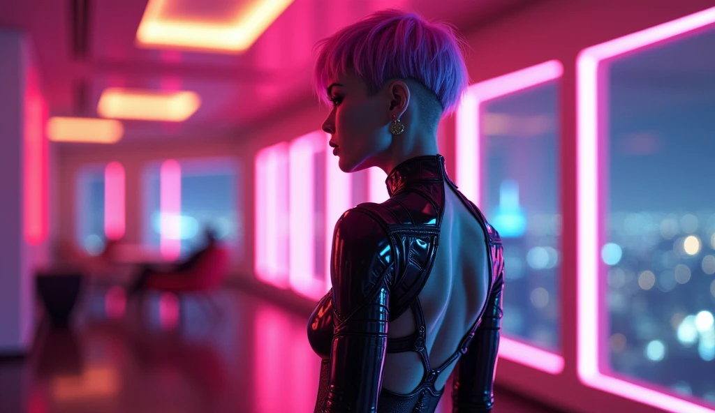 Top Quality, Masterpiece, High Resolution, 8k, (((cute barely legal girl in oversized silky babydoll with plunging neckline, wide neckline, deep neckline, small perky breasts, beautiful detailed eyes, beautiful detailed lips, small closed mouth, extremely detailed face, pale skin, random short hair style, straight hair, short pixie cut hair, small hips, in cyberpunk apartment, next to bed))), moody atmosphere, dramatic and random neon colors, futuristic setting, intricate details, at night, backlit, random neon color, full body shot, view from distance, Sexy standing pose,full-body portraits
