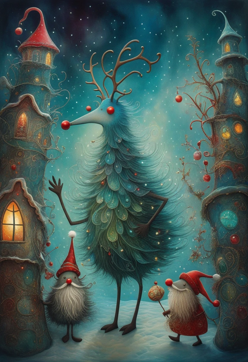 Surrealistic and very cute characters by Tim Burton and Sam Toft, Cute and mischievous Santa Claus monster, Santa Claus with stickman-like thin limbs and plush body, Chibi style, Miniature reindeer and and to deliver presents rushing figure, colorful surrealism | spirituality | chaos fractal, watercolor, fantasy painting, luminous point drawing, alcohol ink abstract, Pearly Shades, vintage, patchwork, intricate, art, side view, superfine, aura Gas: 3. cluttered and disjointed, translucent monster, humorous, shadows, complex background, spectacular, unrealistic, 16k, luminous, dreamy psychedelia, light background, center, sharp focus, light background, sharp focus octane rendering, masterpiece, super dense, ultra fine illustration, 2D Rendering, Balanced, Stable, Perfect Composition, Beautifully Detailed Octane Rendering, 8K Concept Art