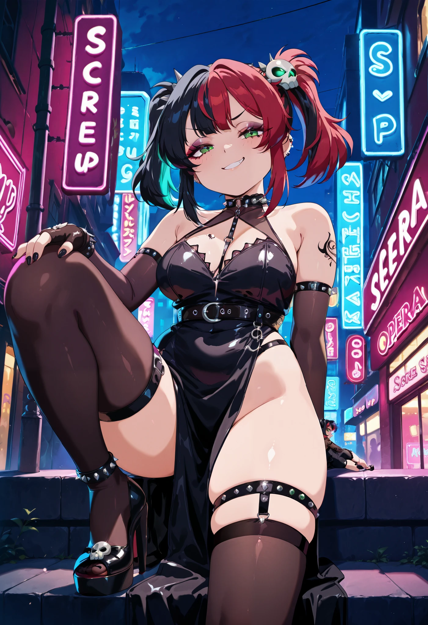 ElliePXL,makeup,black nails, green eyes, multicolored hair,black hair, hair ornament,skull hair ornament, red hair, twintails, tattoo, nail polish,gothic,two-tone hair,(human),dress, black dress, side slit, pelvic curtain, heels, legband, black legband, opera gloves, fingerless gloves,smile, smug smirk,teeth,half-closed eyes,bare shoulders,city, neon lights, outside, ElliePXL,makeup,black nails, green eyes, multicolored hair,black hair, hair ornament,skull hair ornament, red hair, twintails, tattoo, nail polish,gothic,two-tone hair,(human),dress, black dress, side slit, pelvic curtain, heels, legband, black legband, opera gloves, fingerless gloves,smile, smug smirk,teeth,half-closed eyes,bare shoulders, night bar club, neon lights, outside
