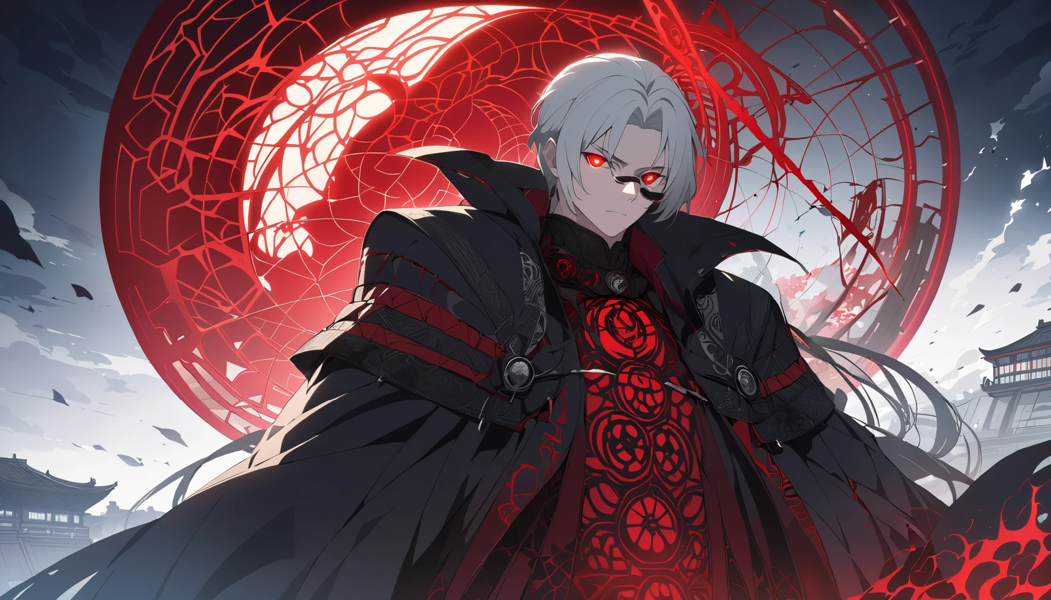 A massive Sharingan in the sky, replacing the blood-red circular moon, glowing with a blood-red aura, intricate black tomoe patterns and Mangekyou Sharingan design, highly detailed and sharp, illuminating the entire scene with mysterious red light. Japanese-style classical architecture glowing in red, a road leading to an iron throne at the end, a silver-haired handsome young man standing in the middle of the road, wearing black sunglasses resting on the bridge of his nose, revealing blood-red glowing eyes staring directly into the camera. Cinematic lighting, anime style, highly detailed, vibrant colors, mysterious and powerful atmosphere.