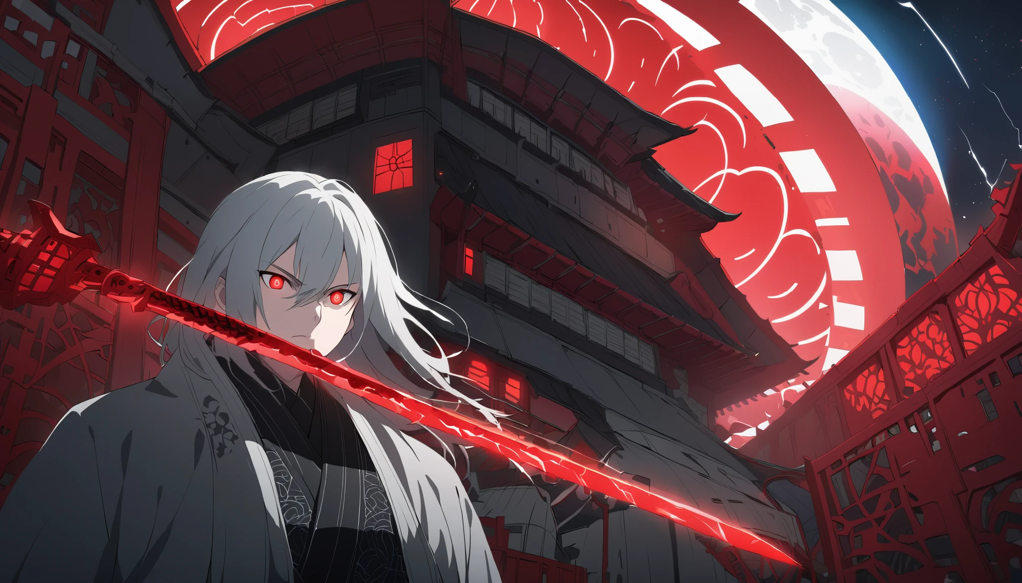 A massive Sharingan in the sky, replacing the blood-red circular moon, glowing with a blood-red aura, intricate black tomoe patterns and Mangekyou Sharingan design, highly detailed and sharp, illuminating the entire scene with mysterious red light. Japanese-style classical architecture glowing in red, a road leading to an iron throne at the end. A silver-haired handsome young man standing in the middle of the road, wearing black sunglasses resting on the bridge of his nose, revealing blood-red glowing eyes staring directly into the camera, holding a legendary Kusanagi sword, the sword faintly glowing with a mystical light. Cinematic lighting, anime style, highly detailed, vibrant colors, mysterious and powerful atmosphere.