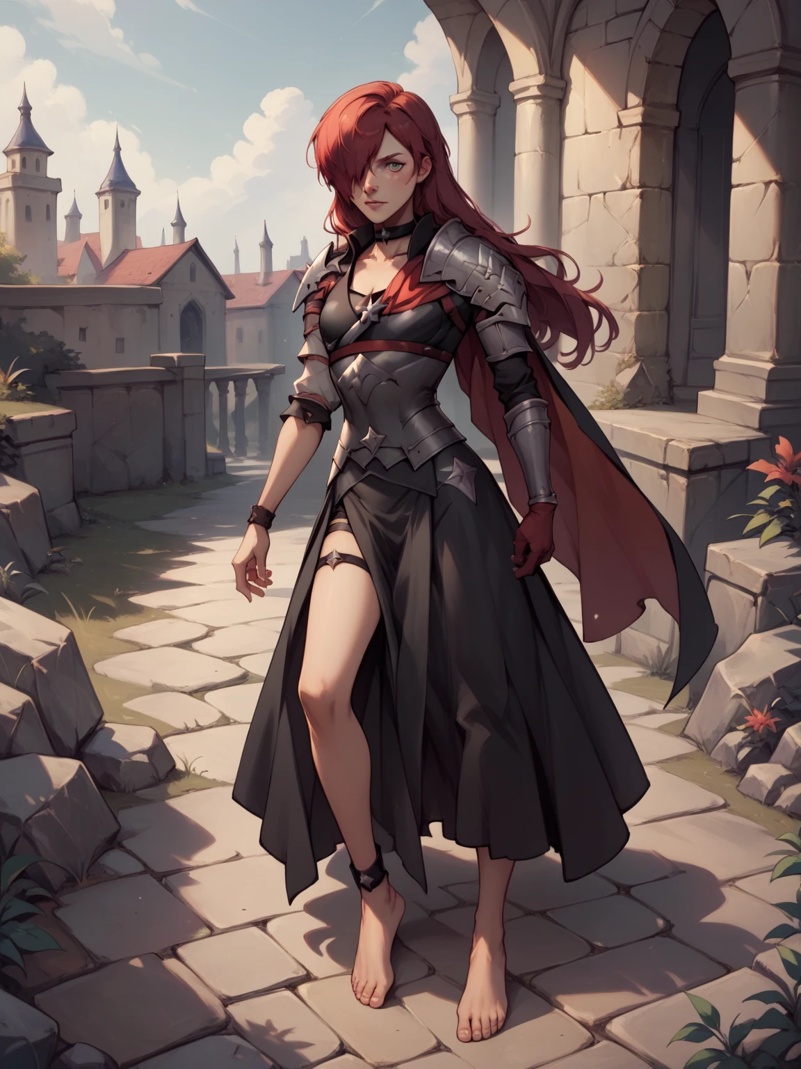 score_9, score_8_up, score_7_up, BREAK, masterpiece, best quality, shez, hair over one eye, choker, armor, cape, black dress, single glove,barefoot 