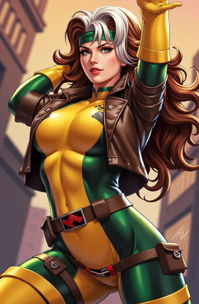 (  masterpiece ,  realistic , perfect,  photograph ,  high resolution and definition )  X-Men Rogue in a sensual and erotic pose,  tight suit, nice image detail ,  Beautiful legs ,  detailed face, light eyes,  beautiful butt ,  slender and detailed body ,  big breasts. Brown hair with a tuft of white hair on the top,  long loose hair .  Great detail of the background and environment . In a random location, exciting