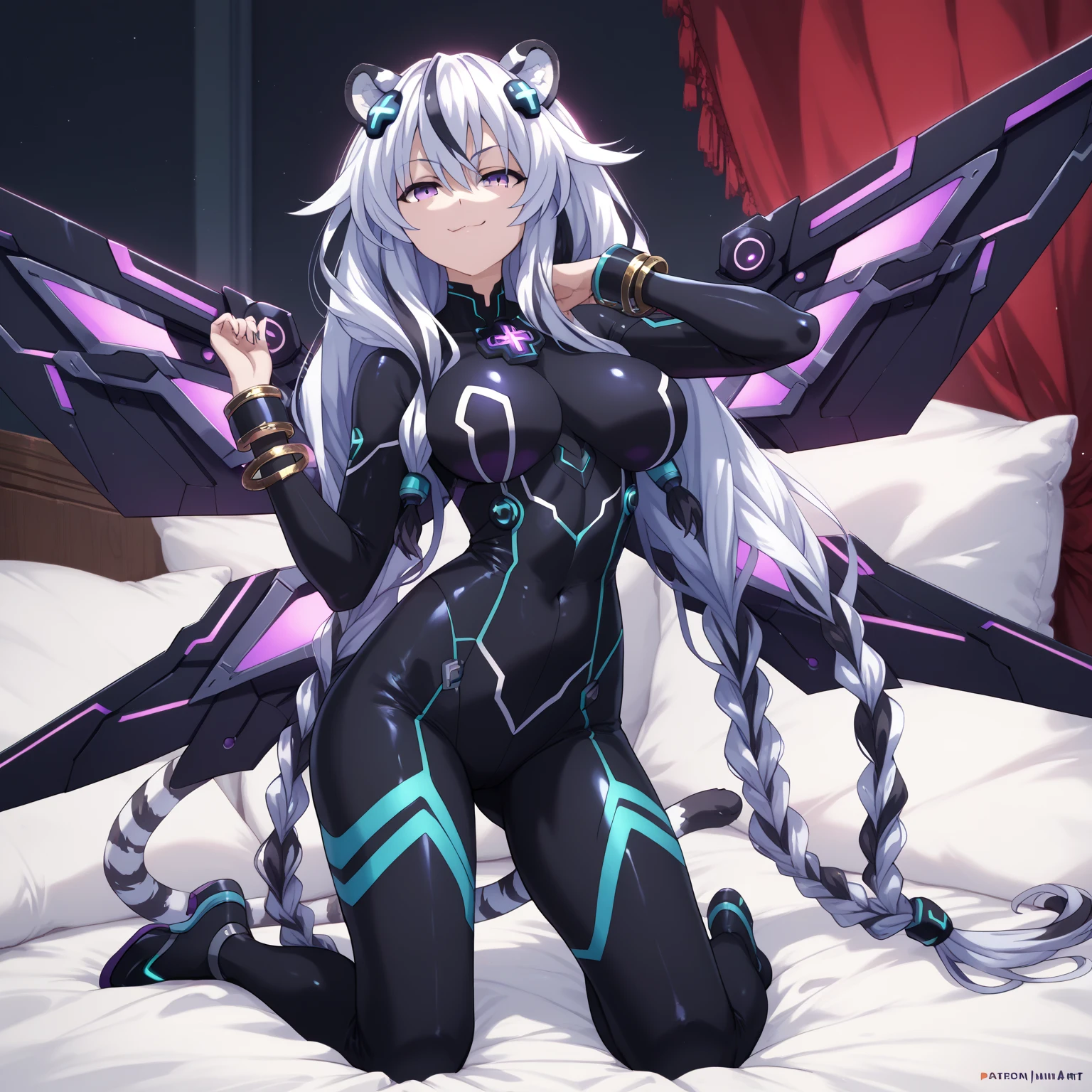 ((masterpiece)), Hyperdimension Neptunia art style, 1girl, solo, long hair, white hair, black hair, multicolored hair, white tiger ears, white tiger tail, purple eyes, half-lidded eyes, purple bodysuit, black bodysuit, multicolored bodysuit, bracelet, smug smirk, low twin braids, front view, villain girl, on bed, lazy, sexy pose, large breasts, large ass, kneeling, blades on bracelets, metal wings behind, glowing lines on bodysuit, glowing metal parts.