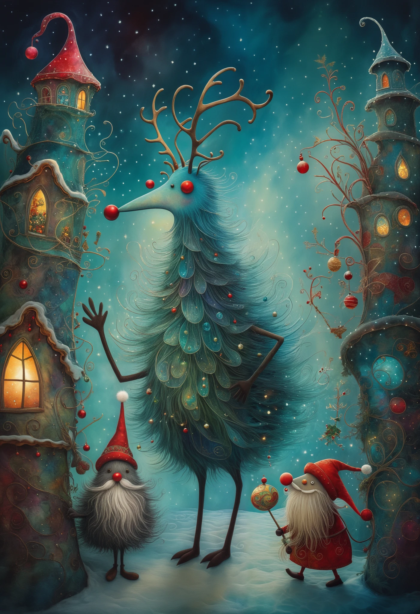 Surrealistic and very cute characters by Tim Burton and Sam Toft, Cute and mischievous Santa Claus monster, Santa Claus with stickman-like thin limbs and plush body, Chibi style, Miniature reindeer and and to deliver presents rushing figure, colorful surrealism | spirituality | chaos fractal, watercolor, fantasy painting, luminous point drawing, alcohol ink abstract, Pearly Shades, vintage, patchwork, intricate, art, side view, superfine, aura Gas: 3. cluttered and disjointed, translucent monster, humorous, shadows, complex background, spectacular, unrealistic, 16k, luminous, dreamy psychedelia, light background, center, sharp focus, light background, sharp focus octane rendering, masterpiece, super dense, ultra fine illustration, 2D Rendering, Balanced, Stable, Perfect Composition, Beautifully Detailed Octane Rendering, 8K Concept Art