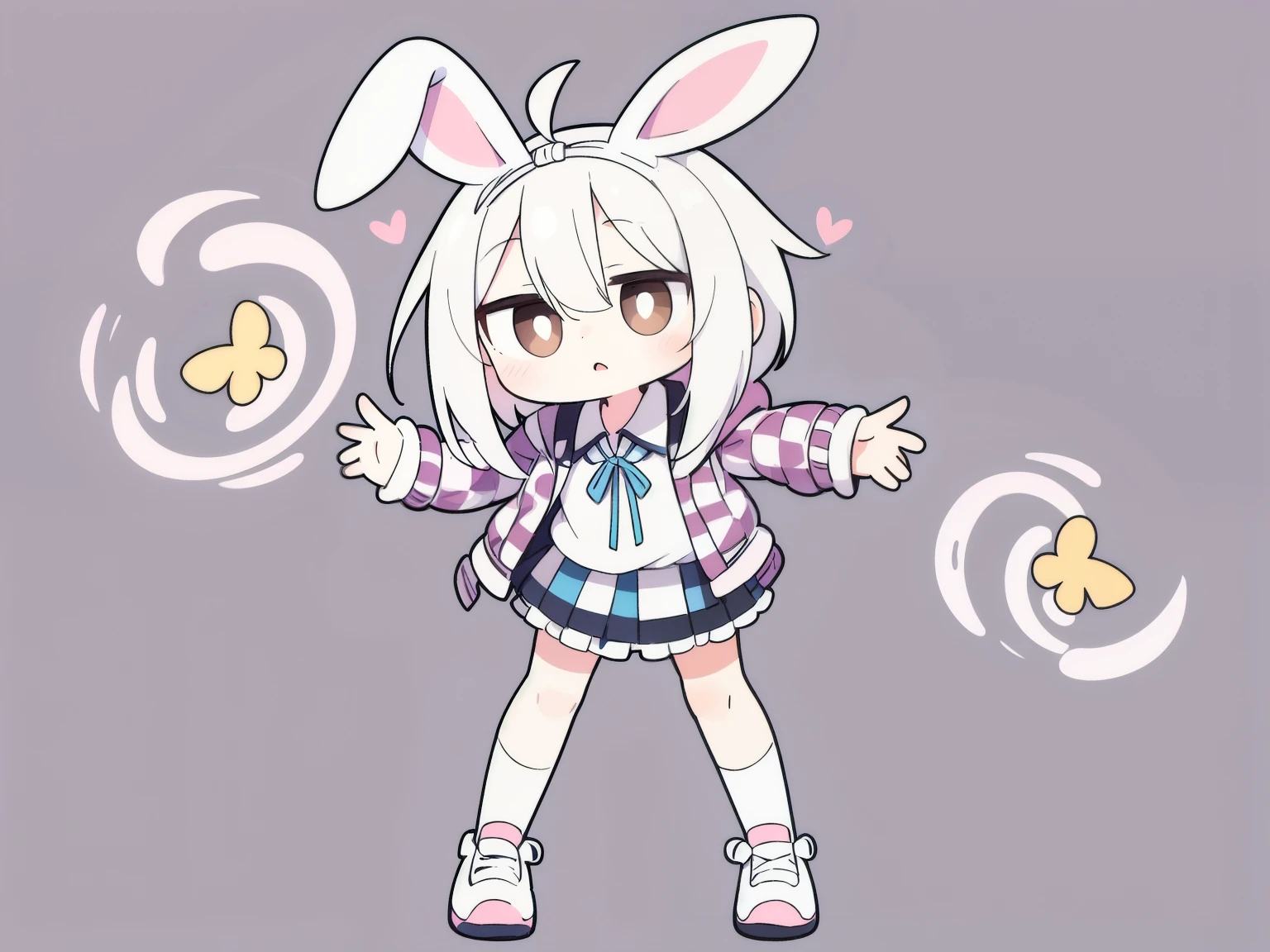 High resolution, one girl, stray hair, hairpin, ribbon, brown eyes, collared shirt, pose, frilly shirt, frilly shirt collar, frilly skirt, frills, ribbon, hair accessory, hairpin, putting hands on own head, heart, rabbit hair accessory, hood, hooded jacket, jacket, long hair, short hair, silver hair, checkered pattern, checkered ribbon, checkered skirt, pleated skirt, shirt, sneakers, shoelaces, shoes, simple background, standing, skirt, knee socks, full body,
rabbit motif, fluffy,
close-up of face,
((swirling eyes, dizzy)),
((swirling lines in pupils, spinning around)))