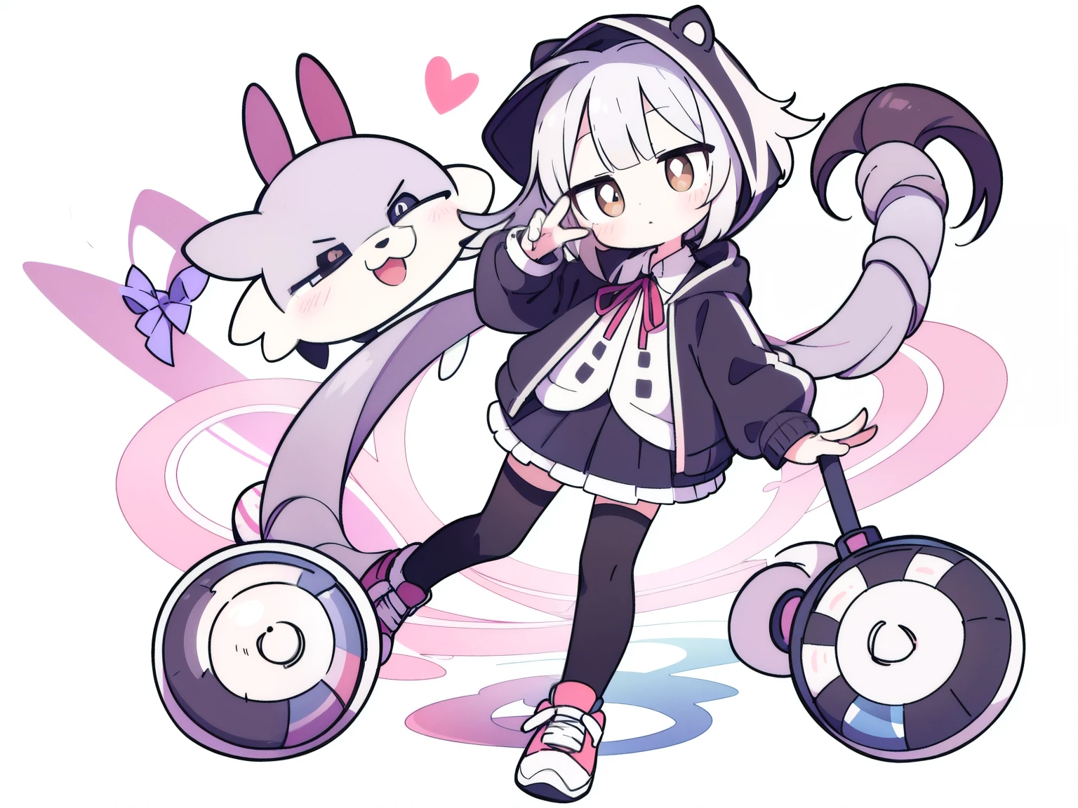 High resolution, one girl, stray hair, hairpin, ribbon, brown eyes, collared shirt, pose, frilly shirt, frilly shirt collar, frilly skirt, frills, ribbon, hair accessory, hairpin, putting hands on own head, heart, rabbit hair accessory, hood, hooded jacket, jacket, long hair, short hair, silver hair, checkered pattern, checkered ribbon, checkered skirt, pleated skirt, shirt, sneakers, shoelaces, shoes, simple background, standing, skirt, knee socks, full body,
rabbit motif, fluffy,
close-up of face,
((swirling eyes, dizzy)),
((swirling lines in pupils, spinning around)))