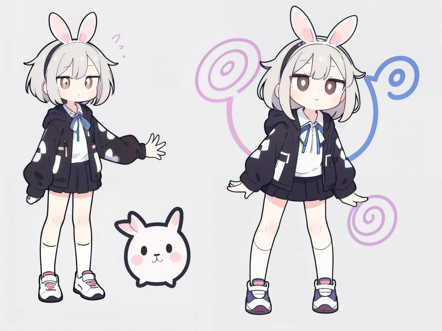 High resolution, one girl, stray hair, hairpin, ribbon, brown eyes, collared shirt, baby face pose, frilly shirt, frilly shirt collar, frilly skirt, frills, ribbon, hair accessory, hairpin, putting hands on own head, heart, rabbit hair accessory, hood, hooded jacket, jacket, long hair, short hair, silver hair, checkered pattern, checkered ribbon, checkered skirt, pleated skirt, shirt, sneakers, shoelaces, shoes, simple background, standing, skirt, knee socks, full body,
rabbit motif, fluffy,
close-up of face,
((swirling eyes, dizzy)),
((swirling lines in pupils, spinning around)))