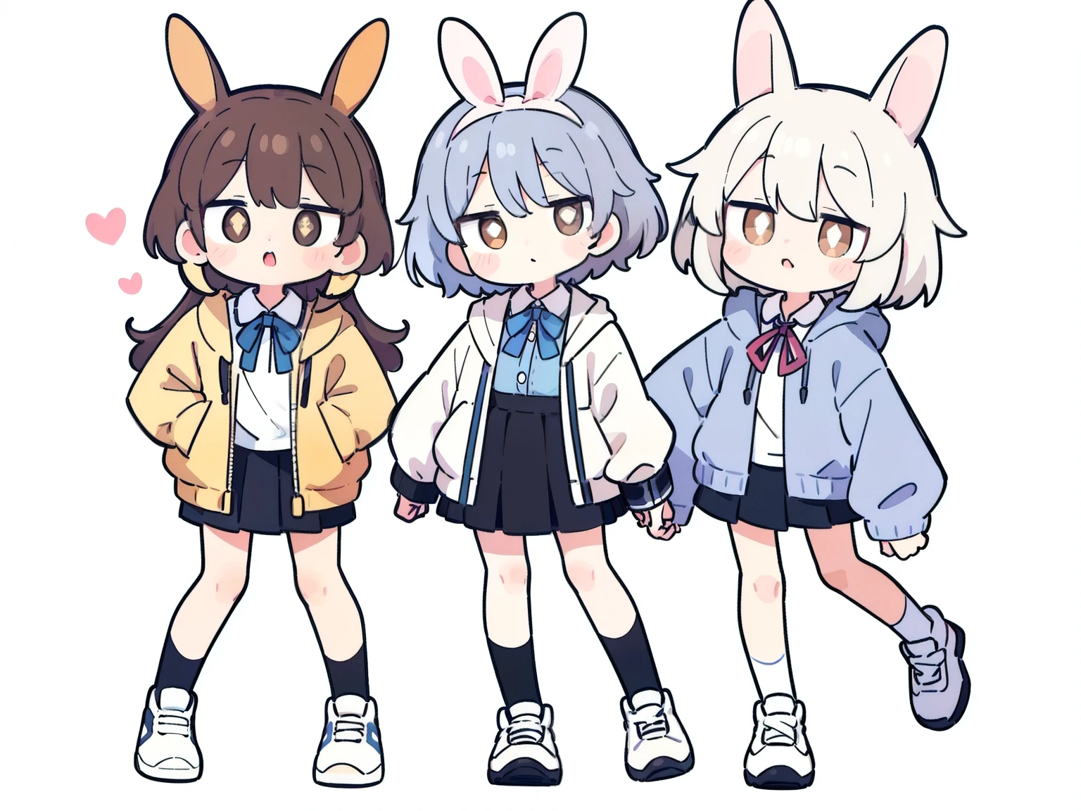 High resolution, one girl, stray hair, hairpin, ribbon, brown eyes, collared shirt, baby face pose, frilly shirt, frilly shirt collar, frilly skirt, frills, ribbon, hair accessory, hairpin, putting hands on own head, heart, rabbit hair accessory, hood, hooded jacket, jacket, long hair, short hair, silver hair, checkered pattern, checkered ribbon, checkered skirt, pleated skirt, shirt, sneakers, shoelaces, shoes, simple background, standing, skirt, knee socks, full body,
rabbit motif, fluffy,
close-up of face,
((swirling eyes, dizzy)),
((swirling lines in pupils, spinning around)))