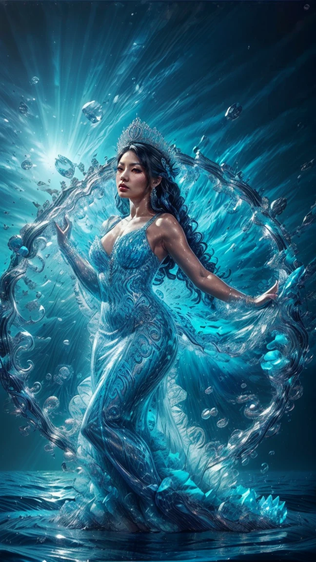 "(masterpiece: 1.2), 8K UHD resolution, Latina Water Goddess Adult model Daisy Marie, standing ethereal amidst a vast shimmering ocean. Her silhouette merges with cascading waterfalls and fluid streams. Wearing a detailed crown adorned with pearls, and a gown as translucent as liquid silk embellished with sea jewels and corals. In her hand, she holds a trident, a symbol of her dominion over the seas. Her intense, glowing blue eyes capture the essence of the ocean, radiating an inner luminescence that beckons the mysteries of the deep."