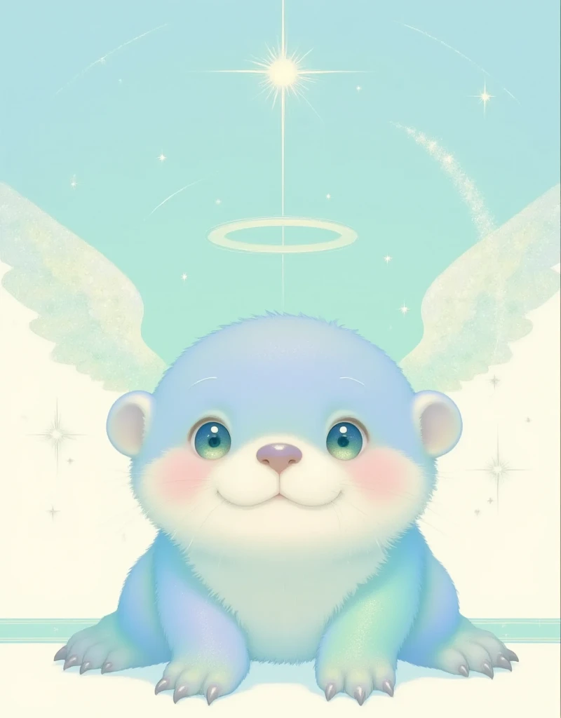 ultra detailed, best quality, 1otter,  smile , sitting , look at me, blue color dog, angelic atmosphre, bright , glittering particles, shiny, soft color, kawaii anime, cute illustration, angell dust falling, fancy style,