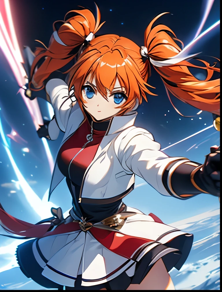 （（（ＳＦＷ、Precision、Highest quality、A first-class masterpiece、Normal body、8k、  Detailed Face 、Ultra-precision、 Normal hand、５refer to、Highest）））、"Magical Girl Lyrical Nanoh"、Tiana Lanster、Orange Hair、 twin tails、、Big Breasts、 Magical Girl 、 red and black zipper shirt、White jacket、 black and white miniskirt 、Dual pistols、healthy thigh 