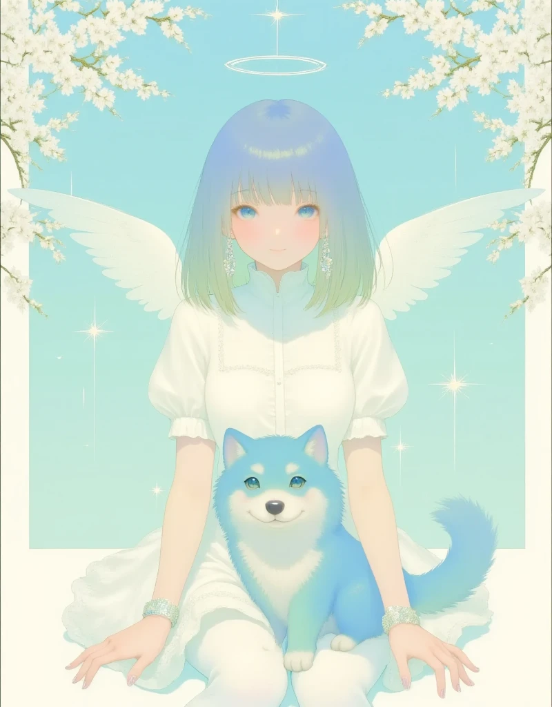 ultra detailed, best quality, 1girl, smile , sitting , look at me, blue color dog, angelic atmosphre, bright , glittering particles, shiny, soft color, kawaii anime, cute illustration, angell dust falling, fancy style,
