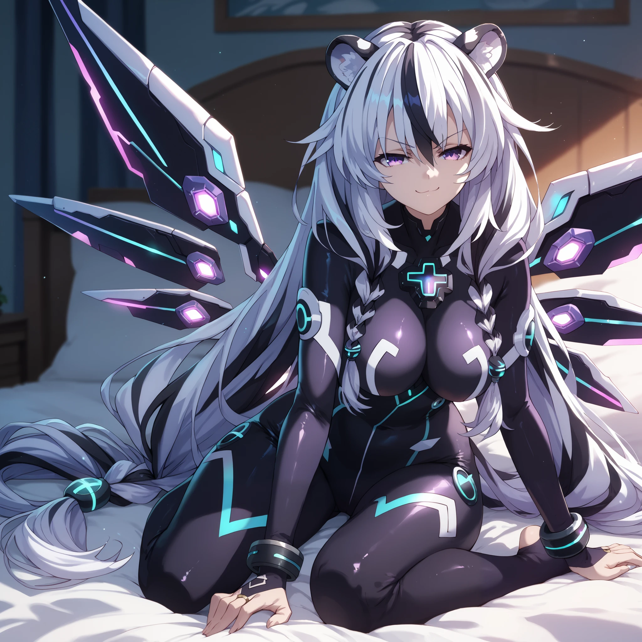 ((masterpiece)), Hyperdimension Neptunia art style, 1girl, solo, long hair, white hair, black hair, multicolored hair, white tiger ears, white tiger tail, purple eyes, half-lidded eyes, purple bodysuit, black bodysuit, multicolored bodysuit, bracelet, smug smirk, low twin braids, front view, villain girl, on bed, lazy, sexy pose, large breasts, large ass, kneeling, blades on bracelets, metal wings behind, glowing lines on bodysuit, glowing metal parts.