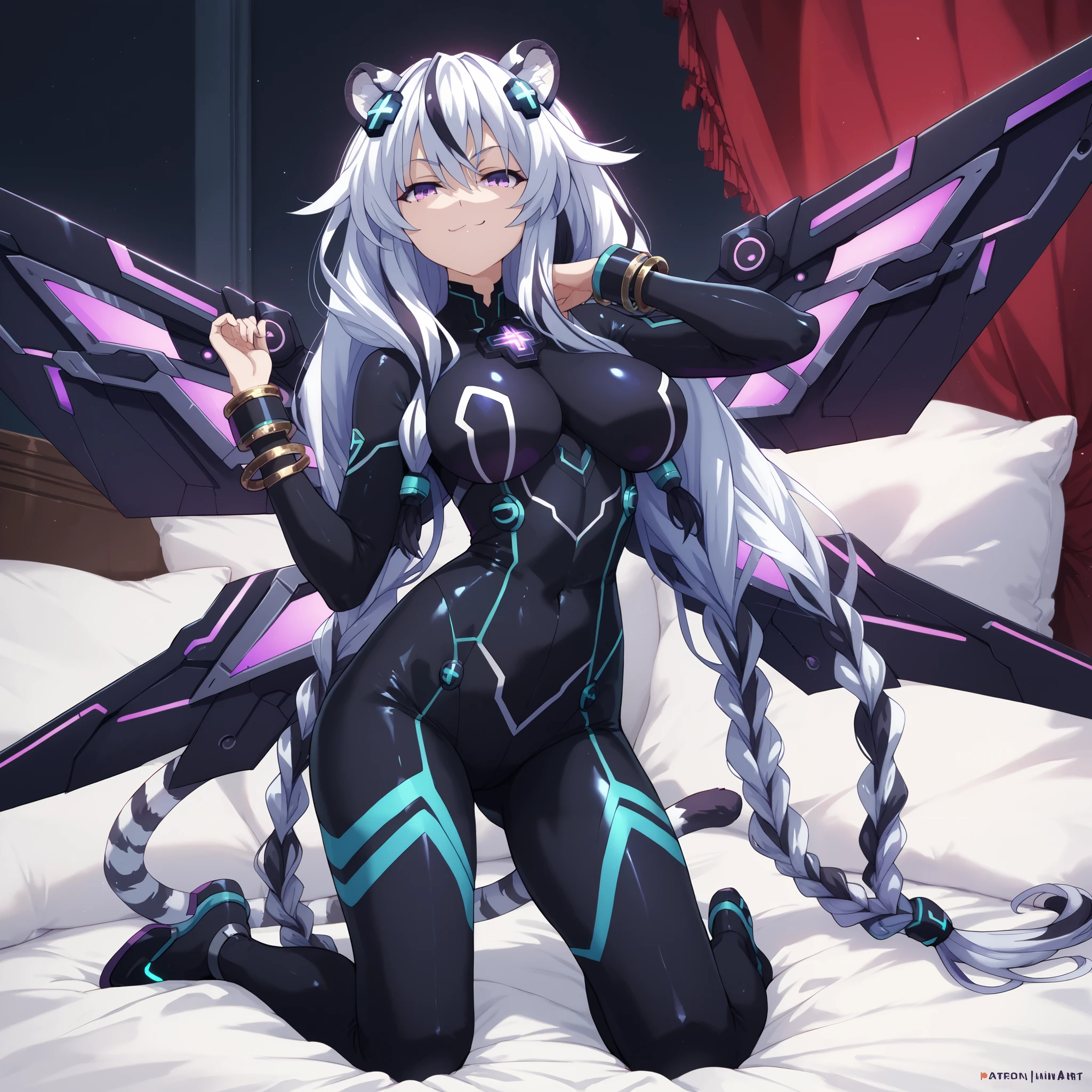 ((masterpiece)), Hyperdimension Neptunia art style, 1girl, solo, long hair, white hair, black hair, multicolored hair, white tiger ears, white tiger tail, purple eyes, half-lidded eyes, purple bodysuit, black bodysuit, multicolored bodysuit, bracelet, smug smirk, low twin braids, front view, villain girl, on bed, lazy, sexy pose, large breasts, large ass, kneeling, blades on bracelets, metal wings behind, glowing lines on bodysuit, glowing metal parts.